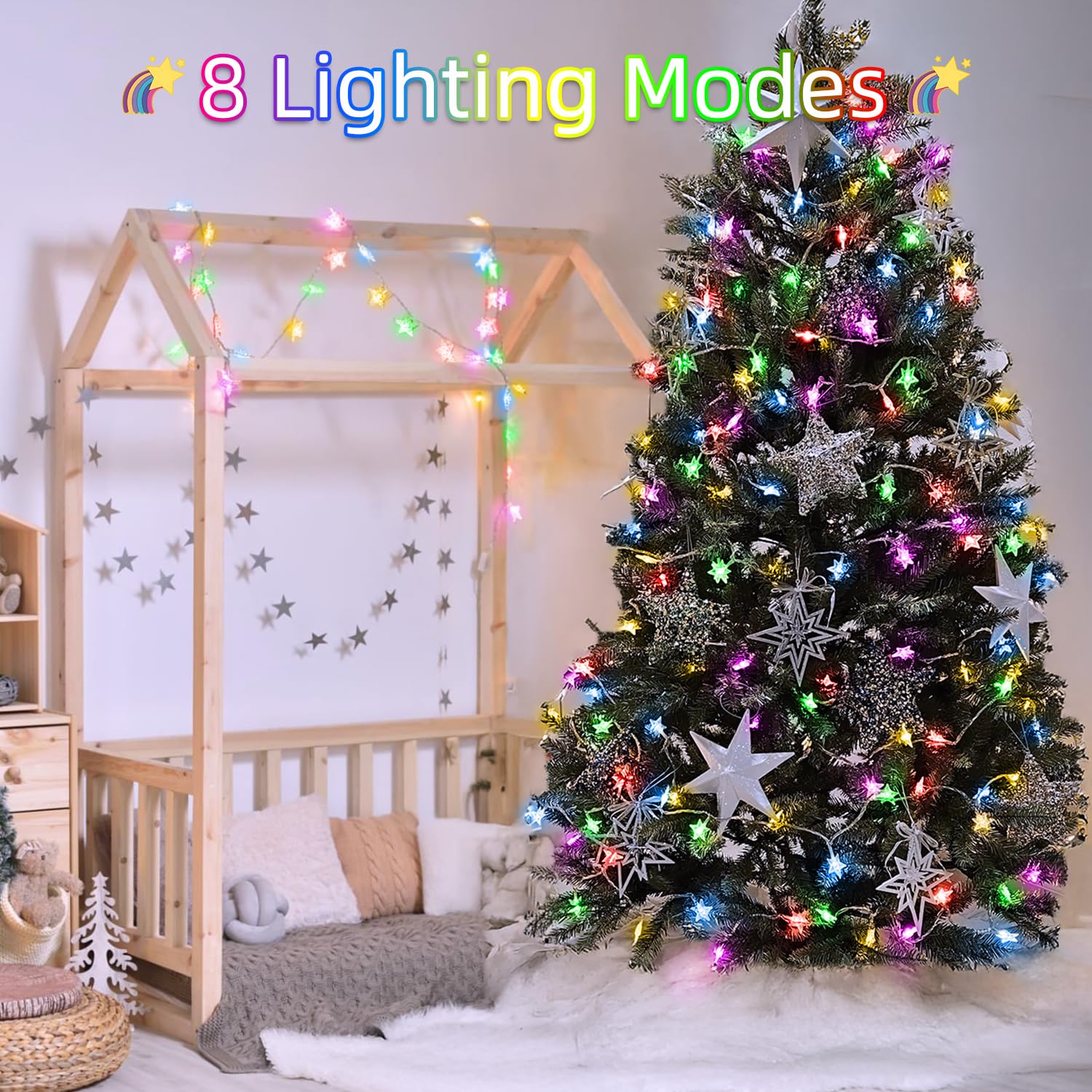 120 Led 40Ft Star String Lights, 8 Modes Plug In Christmas Lights With Timer & Memory, Indoor Outdoor Christmas Twinkle Lights F