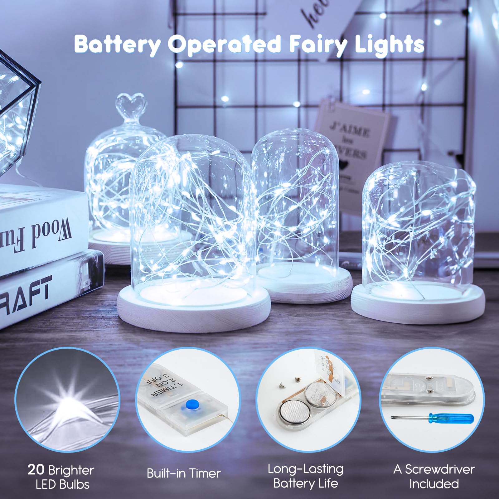 Minetom Fairy Lights 12 Pack, 20 LED, 7ft Waterproof Silver Wire, Battery Operated with Timer, White for DIY Crafts and Décor
