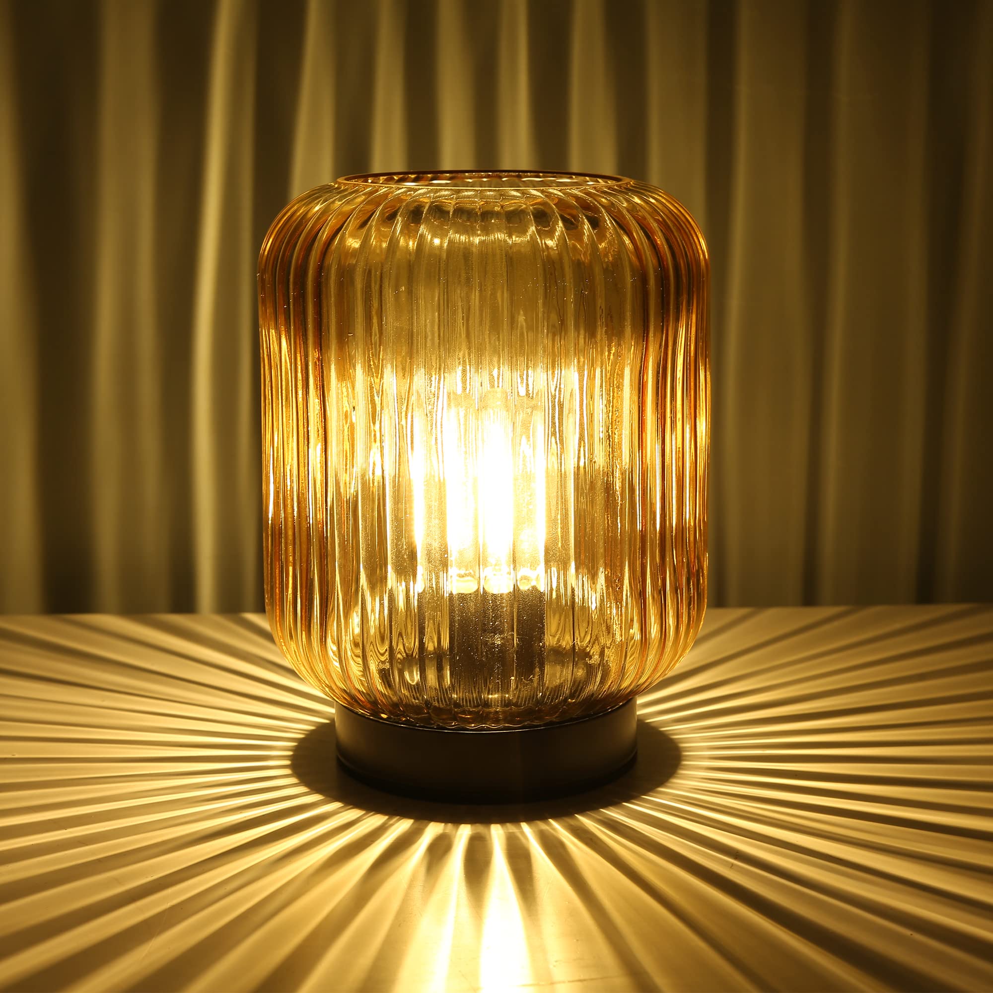 LUSHARBOR Battery Operated Table Lamp, LED Nightlight, Decorative Glass, Gold