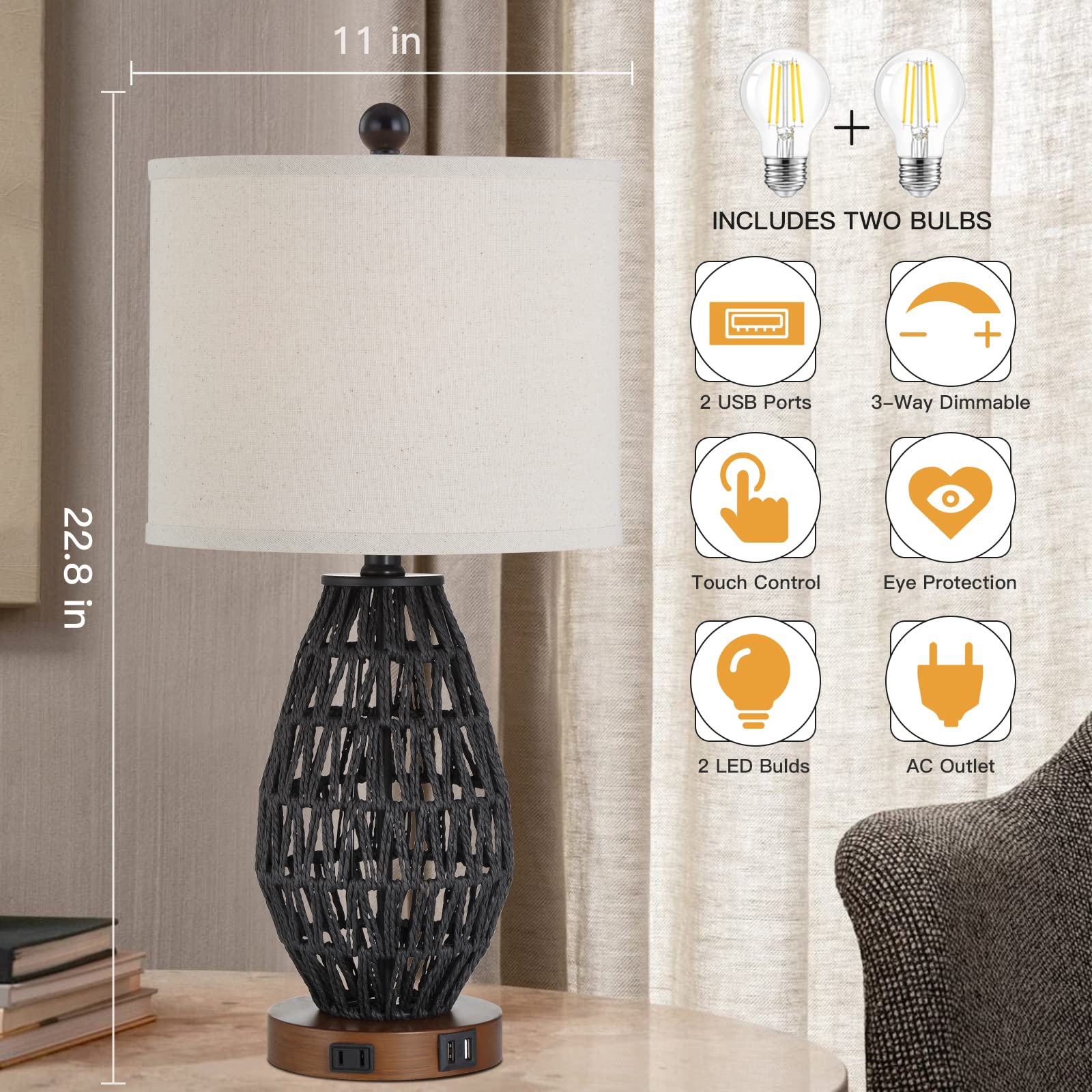 Cinsary Touch Control Rattan Table Lamps, 3 Way Dimmable Bedside Lamps For Bedroom Set Of 2 With 2 Usb Ports And Ac Outlet, Black Wicker Nightstand Lamps For Living Room (Led Bulbs Included)