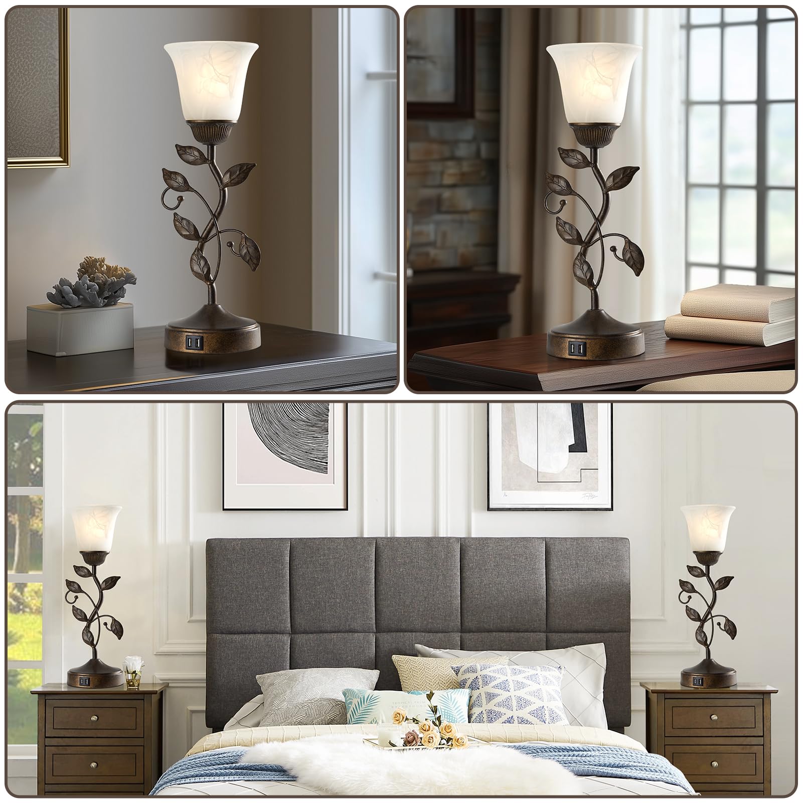 Roriano Set Of 2 Touch Farmhouse Bedroom Table Lamps, Nightstand Vintage Flower Lamps With 2 Usb Ports, 3 Way Dimmable Leaf Lamp