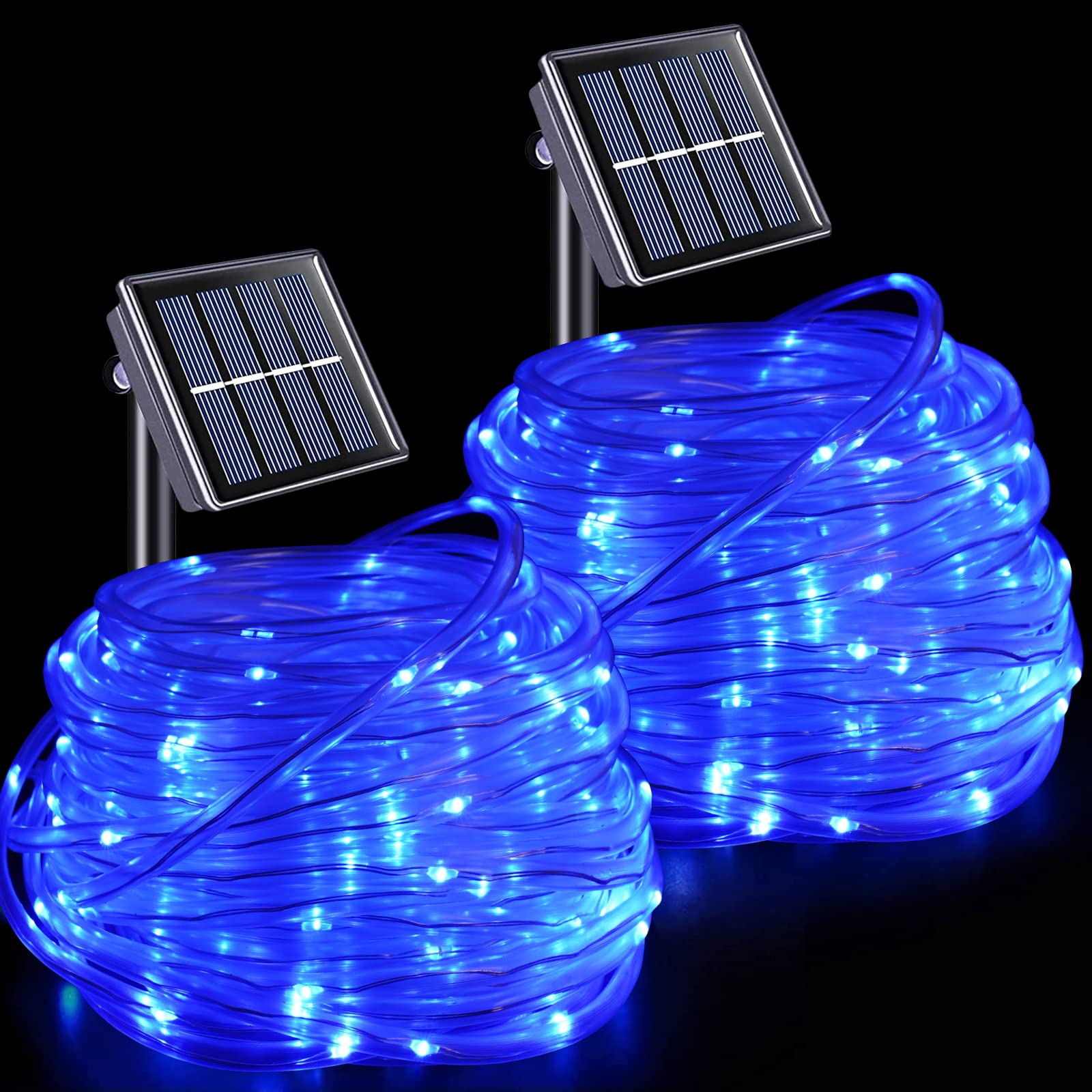 YEGUO Solar Pool Lights Outdoor Waterproof LED, 2 Pack Each 33ft 100 LED Rope Lights Blue, Clear PVC Tube String Lights