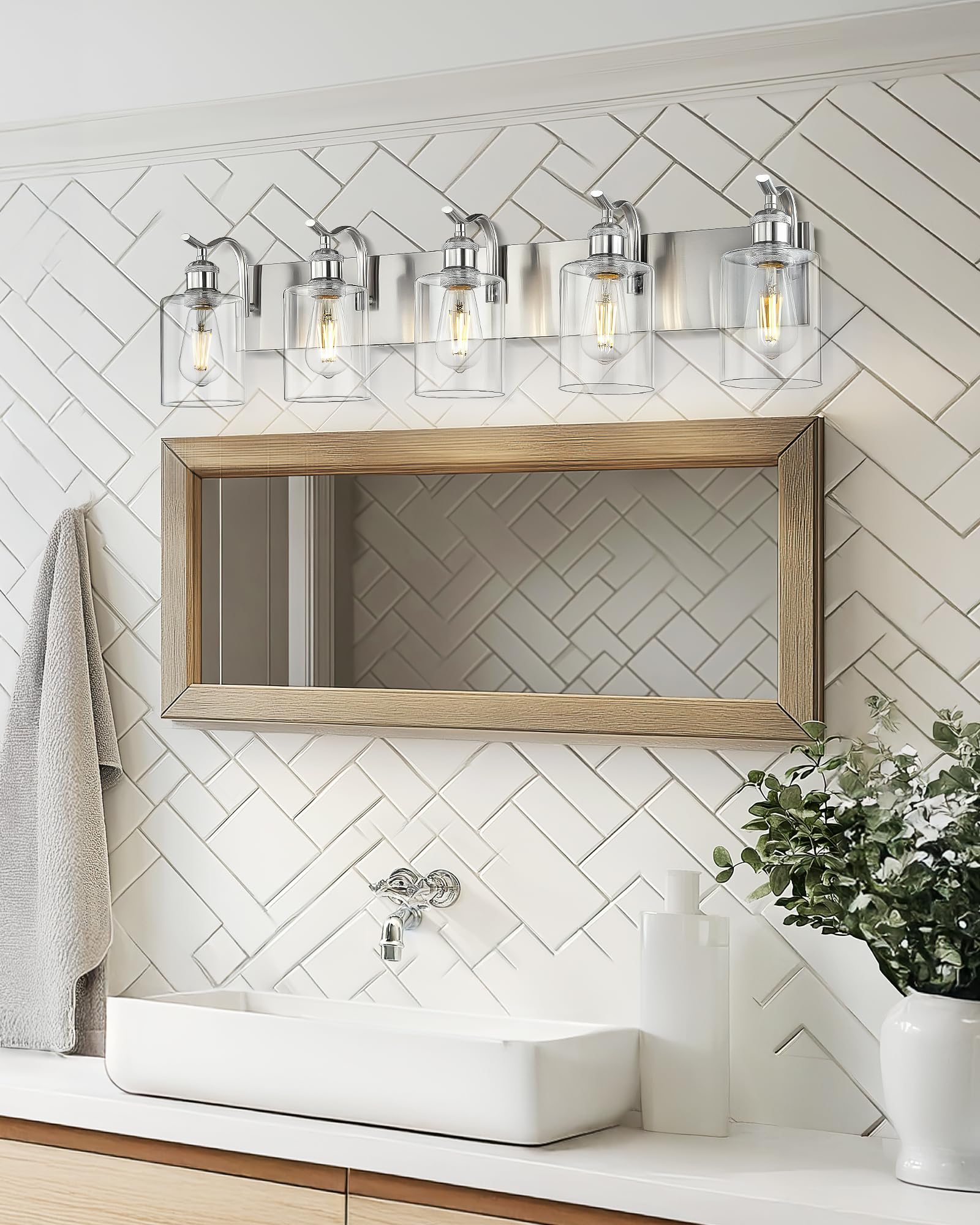 Jazava 5 Light Bathroom Vanity Light  Brushed Nickel Vanity Lights For Morden Bathroom Lighting Fixtures Over Mirror Wall Light Fixtures With Clear Glass Shade Zcvl01Bn-5