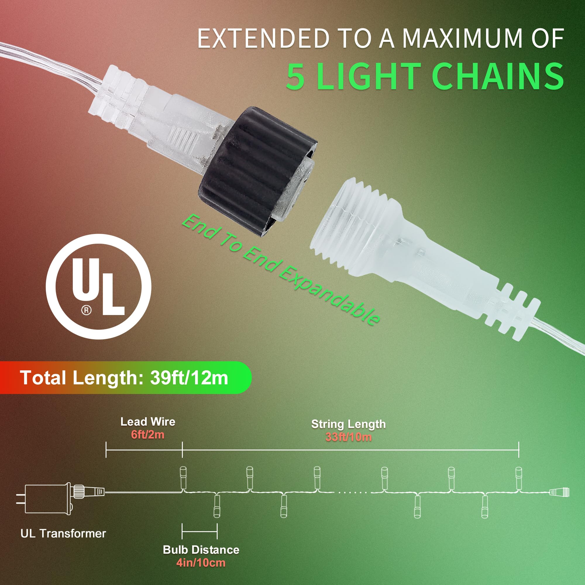 Oopswow Red And Green String Lights, 33Ft 100 Led Christmas Lights Plug In,8 Modes Twinkle Fairy Lights Waterproof For Indoor Outdoor, Christmas Tree Lights For Holiday,Wedding Party,Xmas Decor