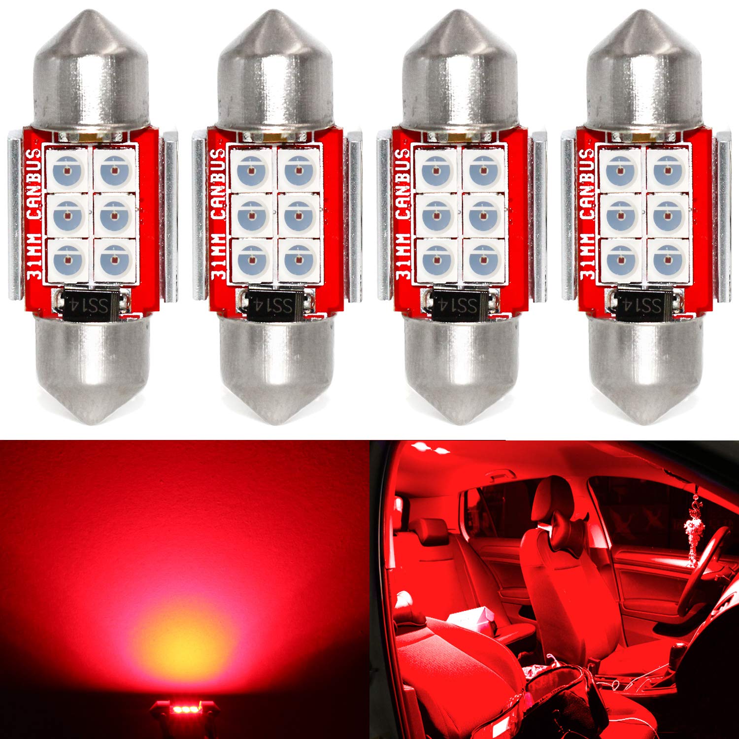 Phinlion Super Bright De3021 Led Red Bulb 3030 6-Smd Festoon 1.25 '' 31Mm De3175 De3022 Miniature Led Bulbs For Car Interior Doo