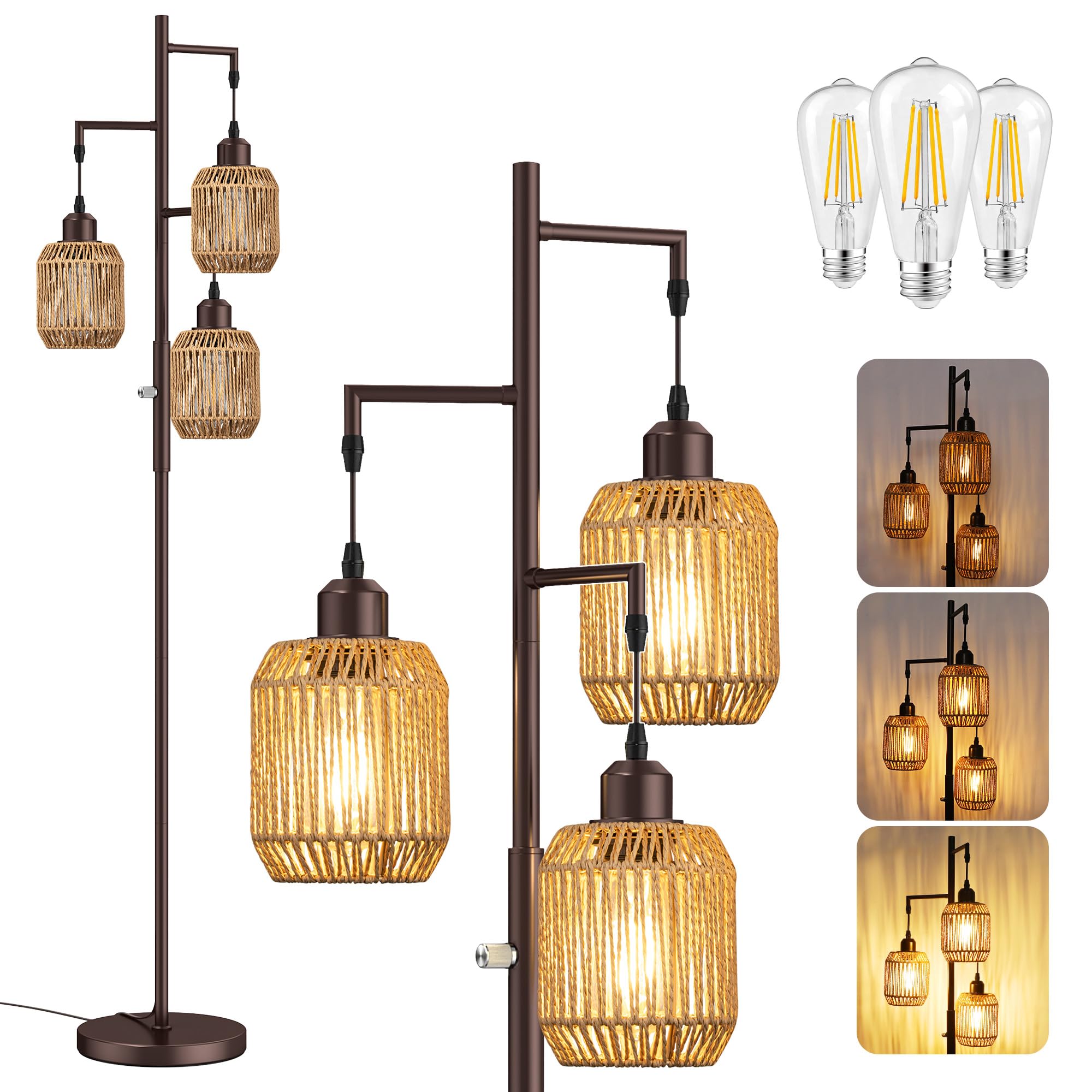 ROTTOGOON Dimmable Boho Floor Lamp - 3 Light Farmhouse Rattan Floor Lamp for Living Room, Industrial Tree Floor Lamps with 3 X 6