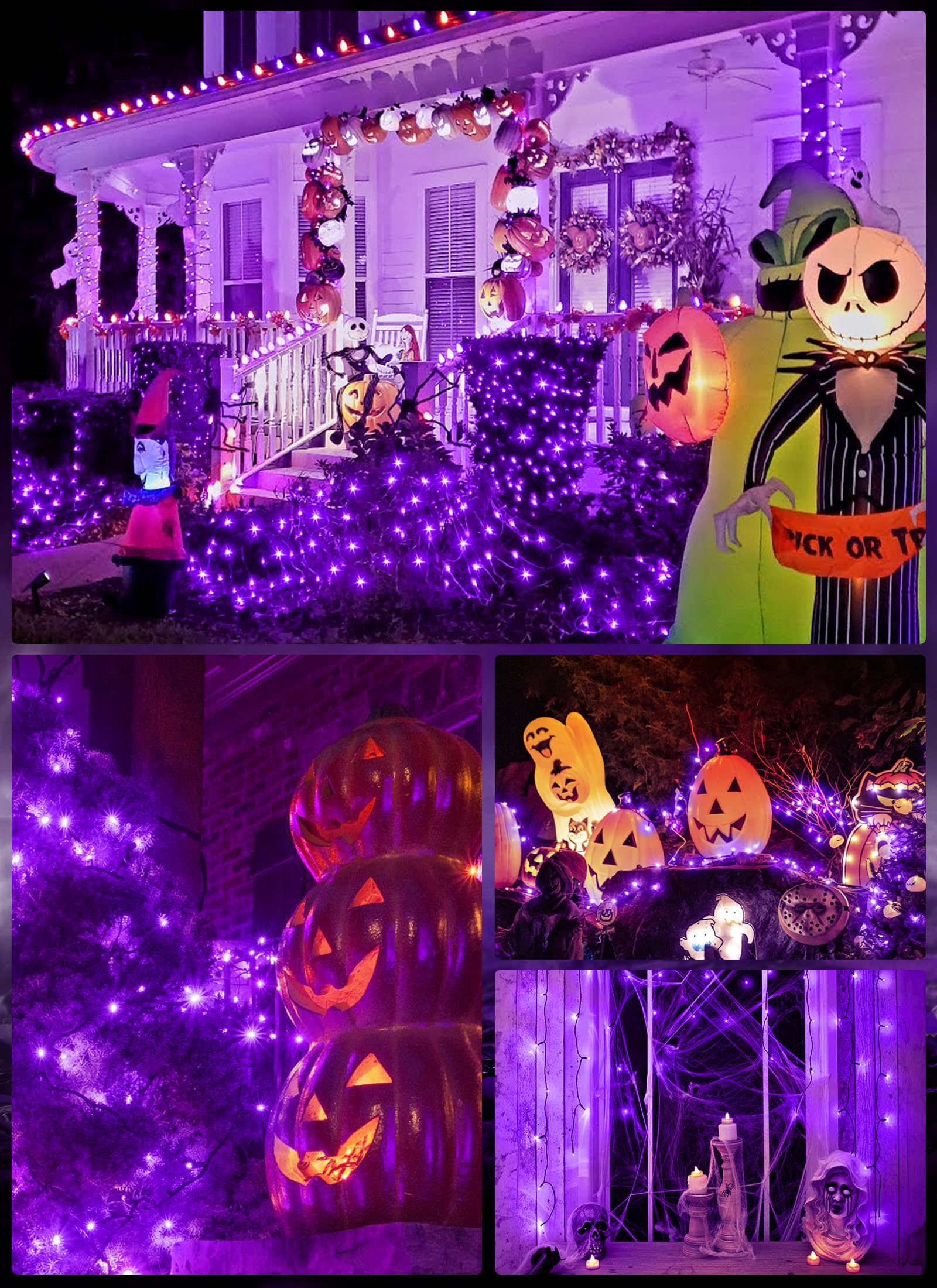 Minetom Solar Halloween Lights Outdoor - 4 Pack Total 160Ft 400 Led Halloween String Lights With 8 Lighting Modes, Ip65 Waterproof Solar String Lights For Outside Tree Party Decor, Purple