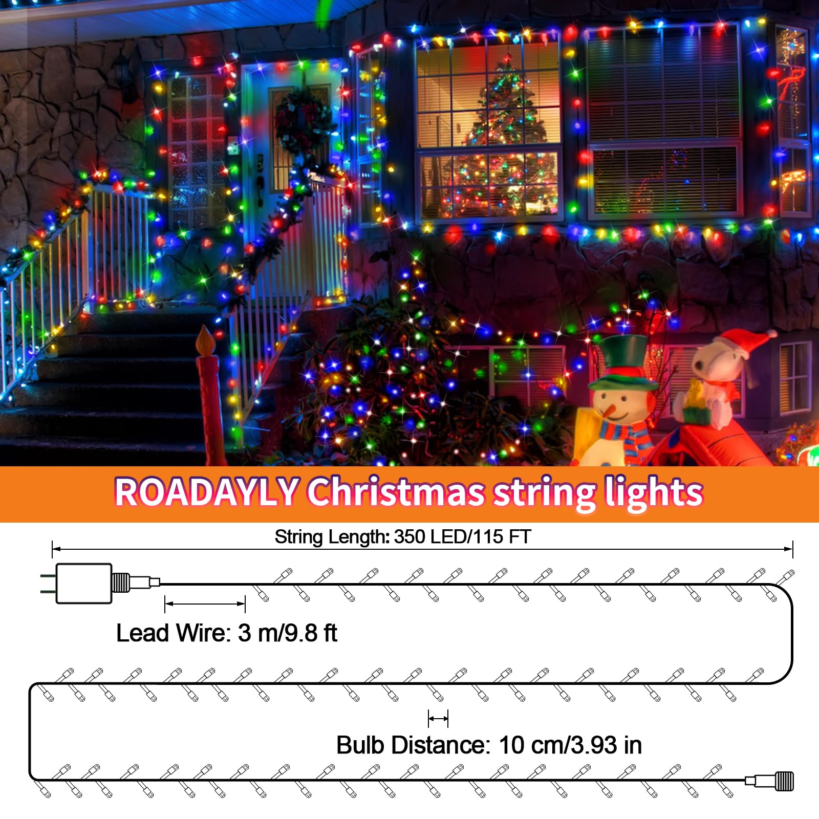 ROADAYLY LED Christmas Lights - 115FT 350LED Waterproof Twinkle String Lights with Timer, 8 Modes, Multicolor