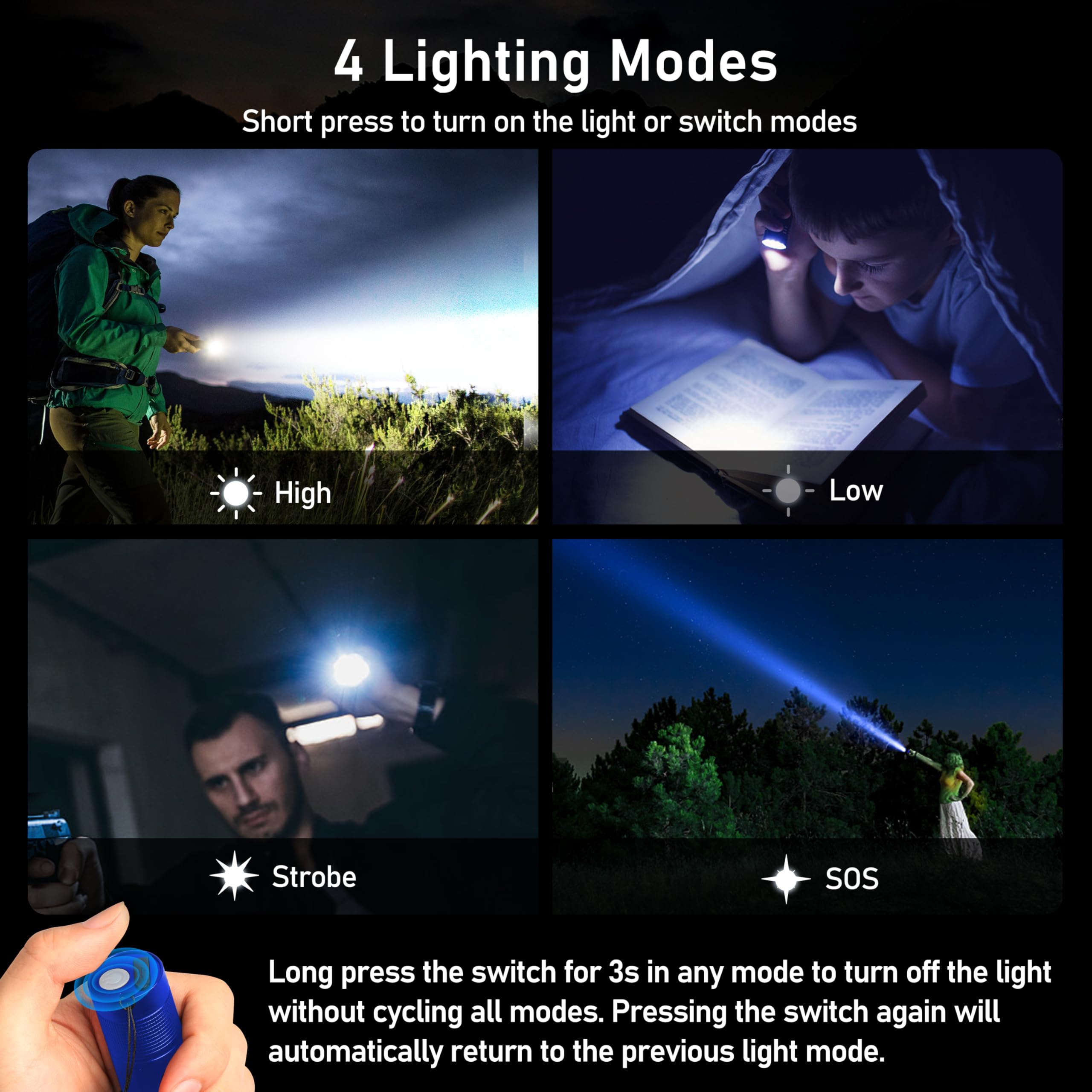 Blukar Rechargeable Flashlight 2000L, Zoomable, Adjustable Brightness, 1 Pack, Blue, Model K9132