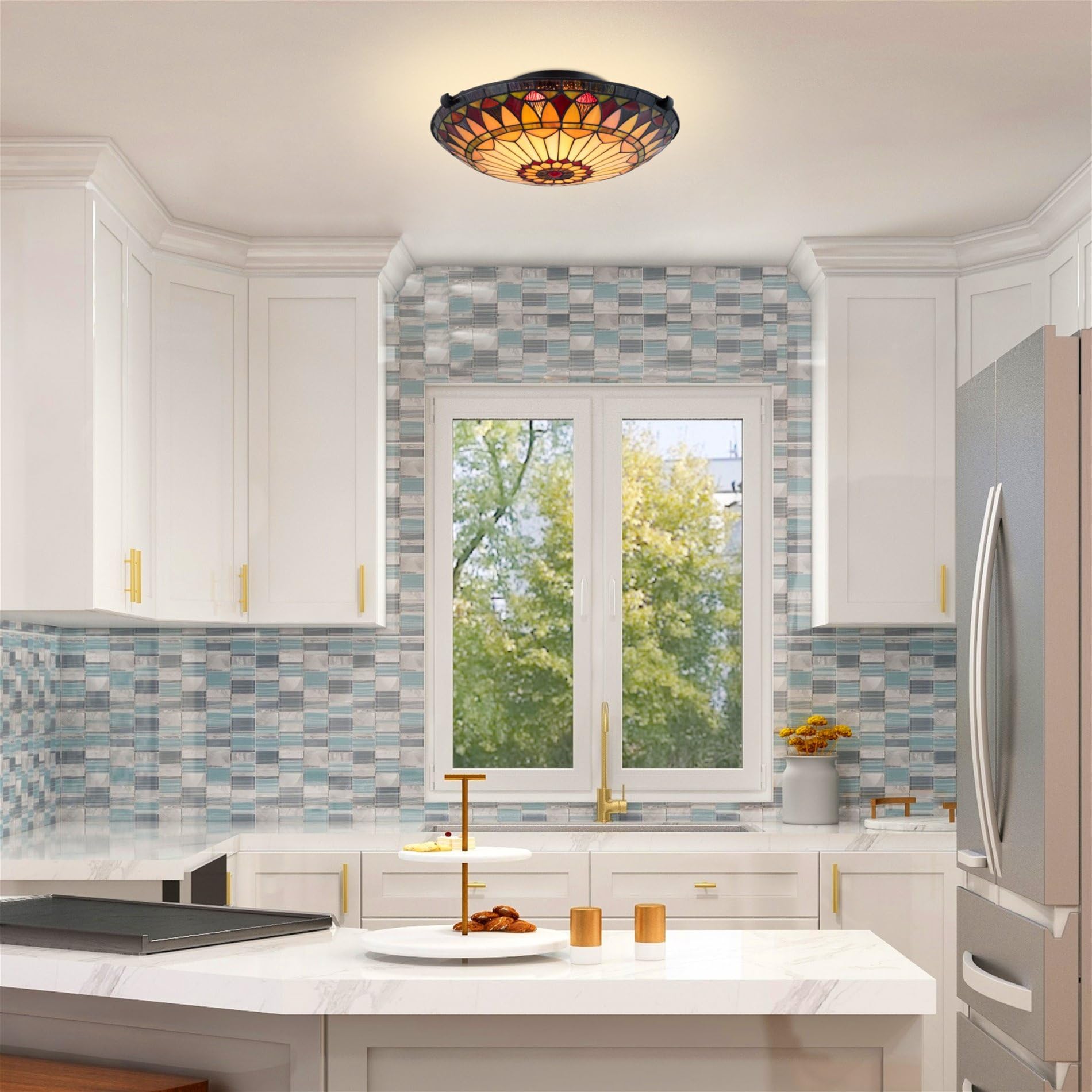 Kira Home Mateo 16 2-Light Tiffany Glass Flush Mount Ceiling Light  Black Finish