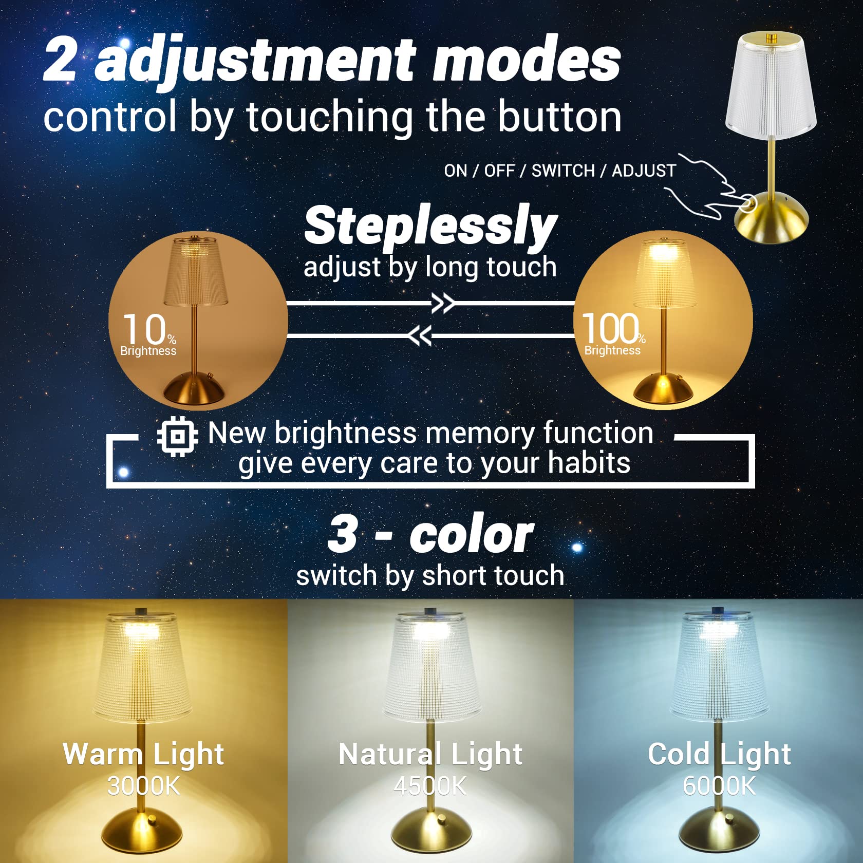 Amingulry Cordless Table Lamp, Rechargeable LED Touch Lamp, 3 Color Modes, Stepless Dimming, Gold Retro, Small Size