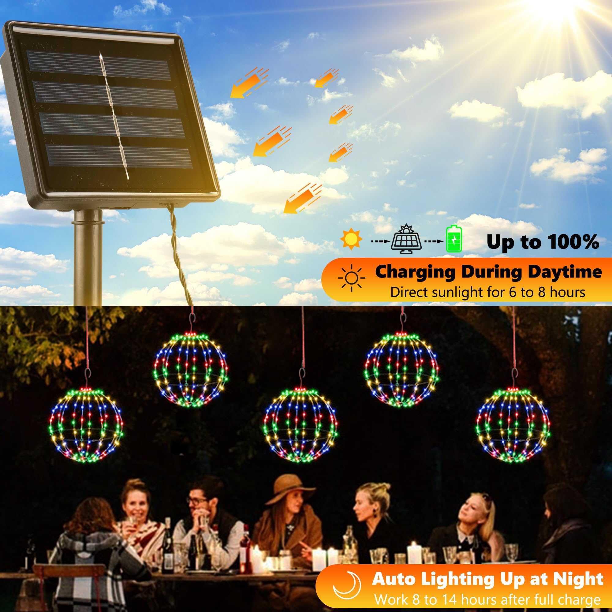 Joomer Christmas Solar Ball Lights  13In & 11In Foldable Metal Sphere Lights Waterproof 8 Modes With Hook  Solar Powered Hanging Globe Light For Outdoor Christmas Decor (2 Pack  Multicolor)