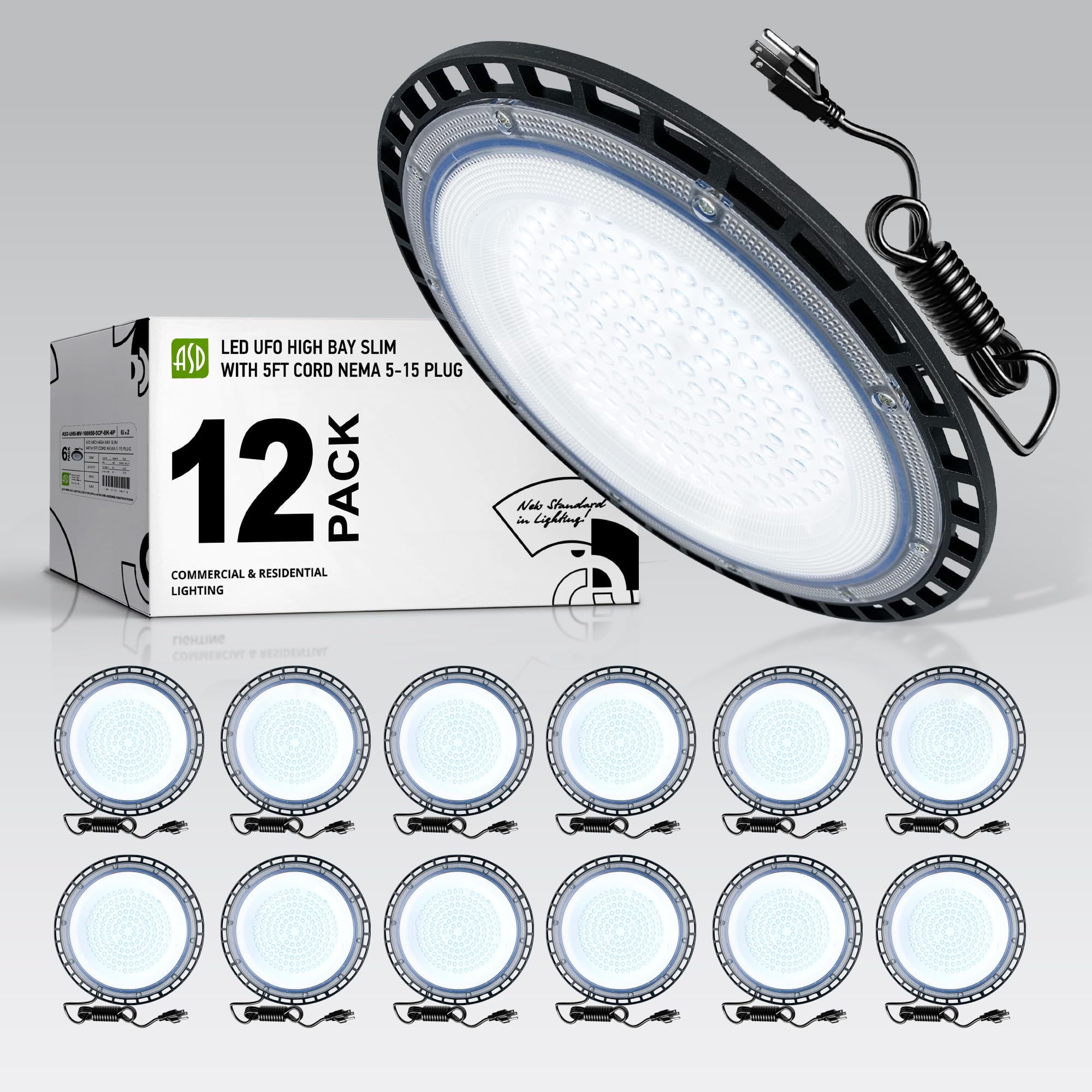 ASD 100W LED Low Bay Lighting, Ceiling Pendant Work Light - 5FT Plug-in Cord, IP65 Waterproof, Low Profile - 18000LM 5000K 120-2