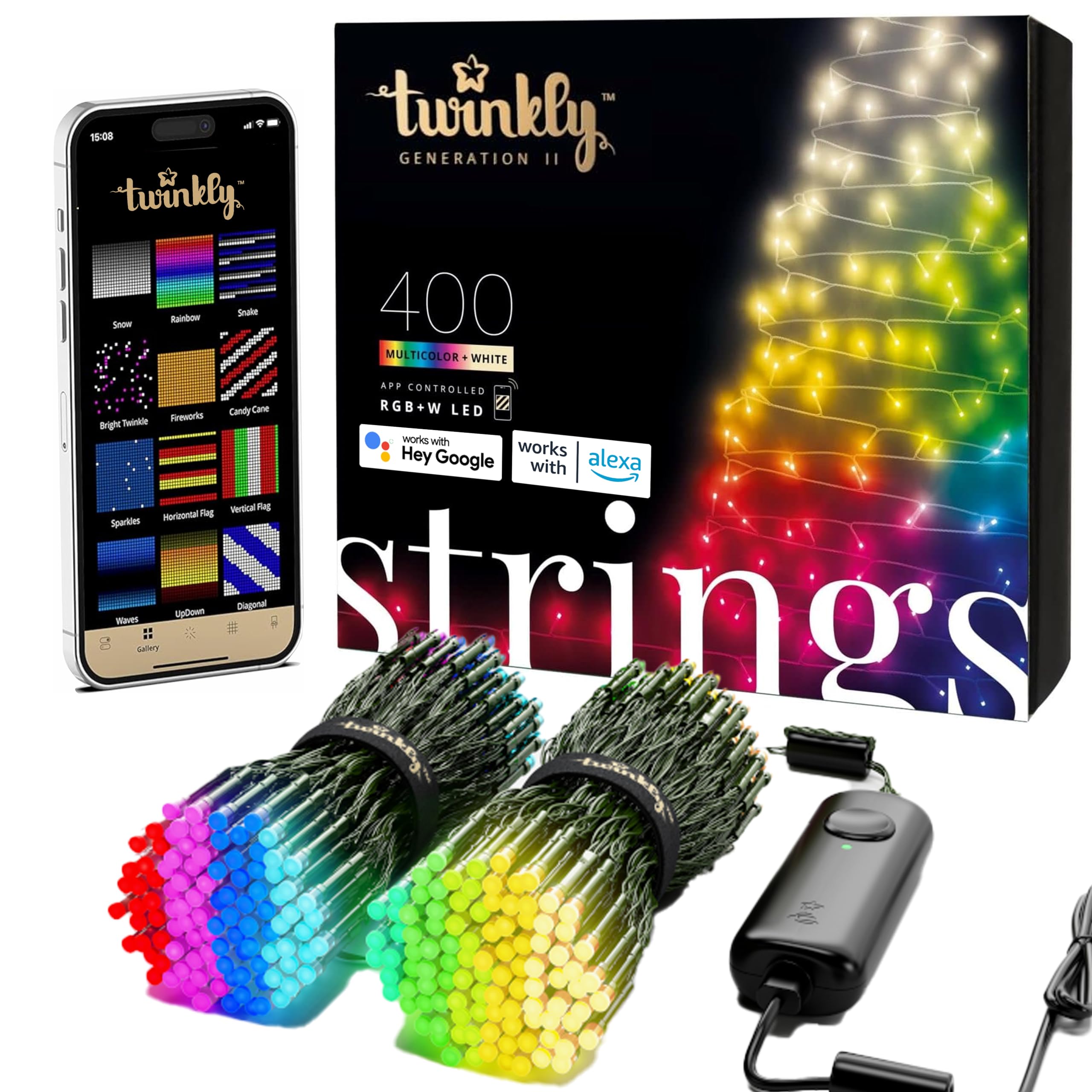 Twinkly 400 LED RGB+White Light String, 105ft Smart Outdoor/Indoor Lights, Mappable, Compatible with Alexa & Google Home, Green Wire