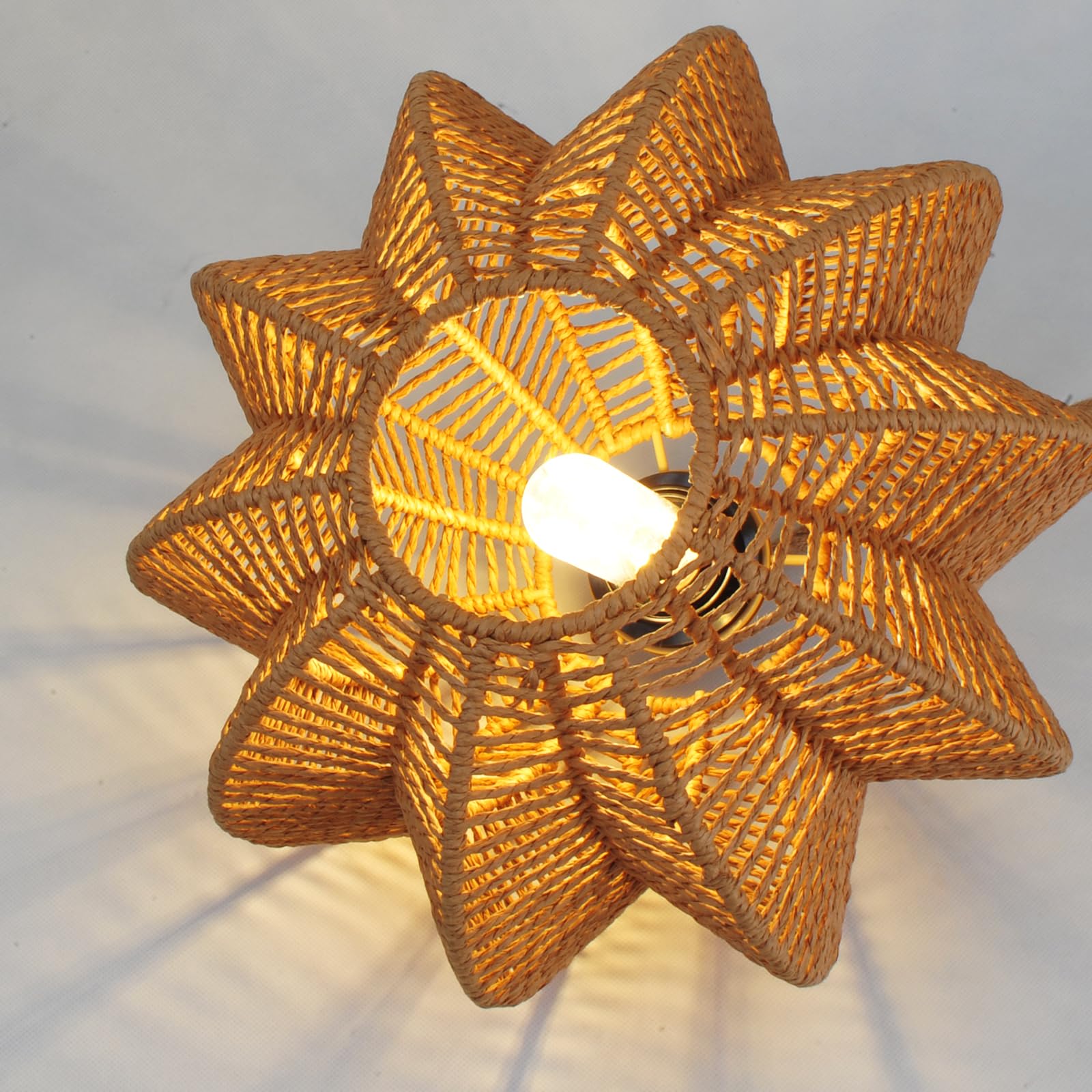 Tebio Rattan Plug-In Pendant Light, Dimmable 15Ft Hemp Rope Cord, Boho Indoor Hanging Lamp