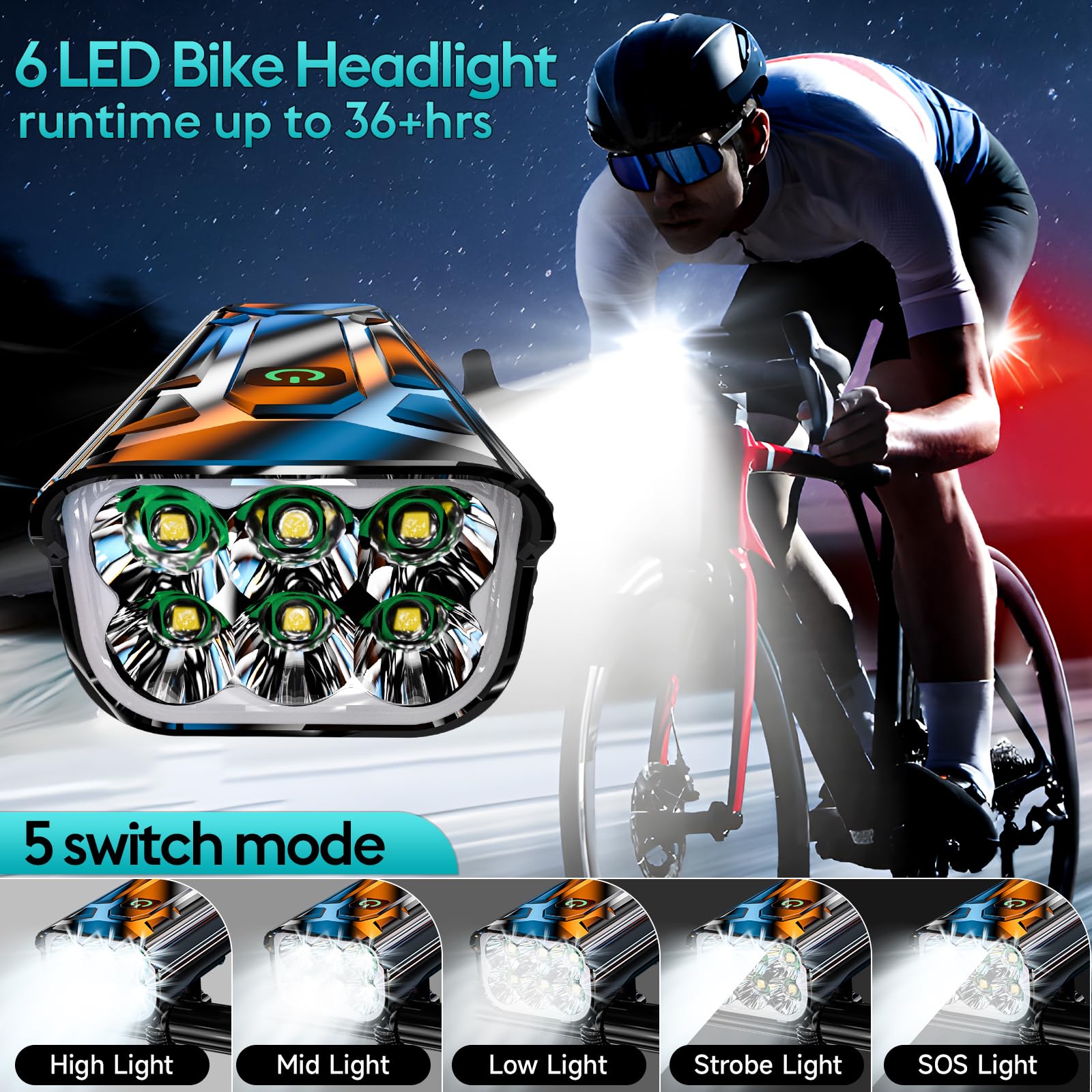 Buktailty 6 LED Bike Light, 5800 Lumens, Rechargeable Aluminum, 10 Modes, Waterproof, Black, Model KX7-X