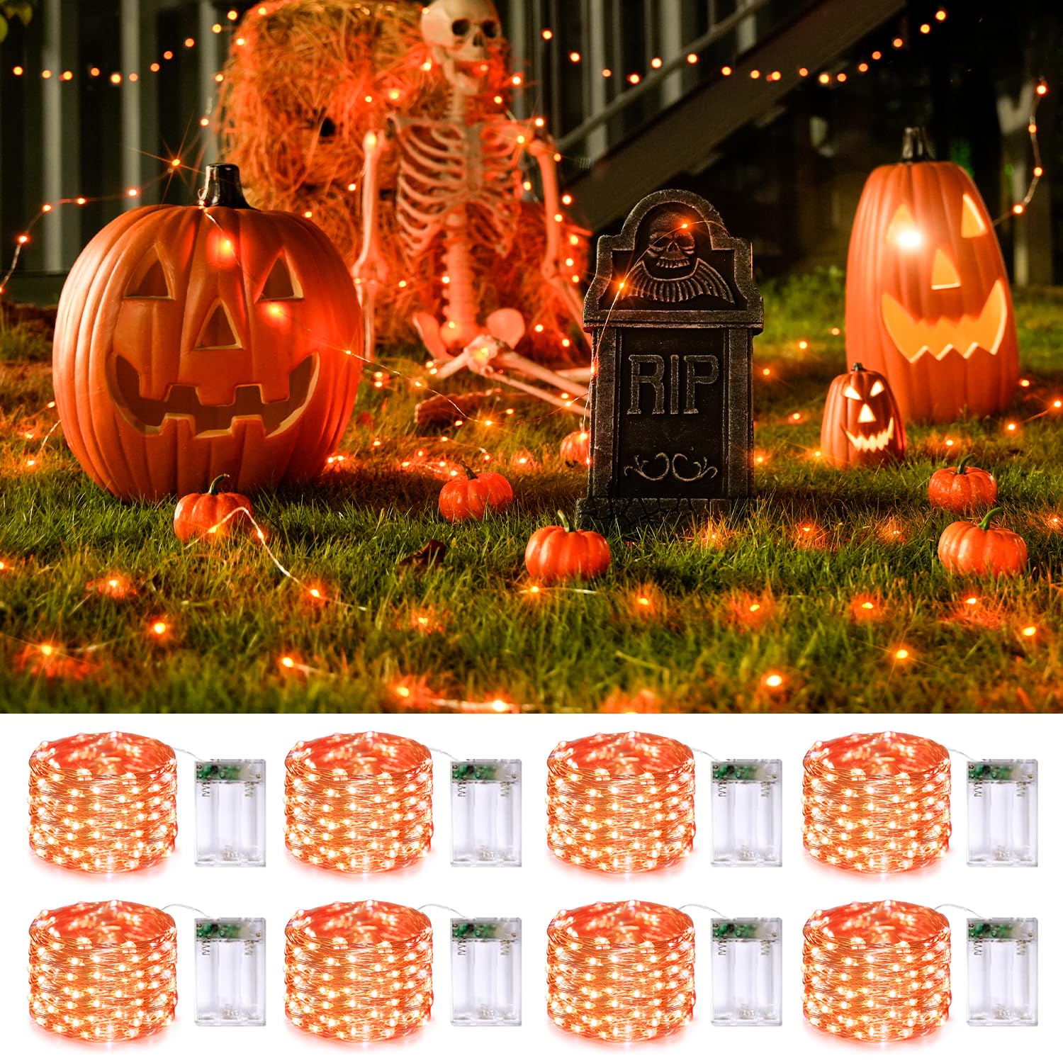 JMEXSUSS 8 Pack 50 LED Orange Fairy Lights, 16 Ft Battery Operated Copper String Lights for Garden and Patio Decorations