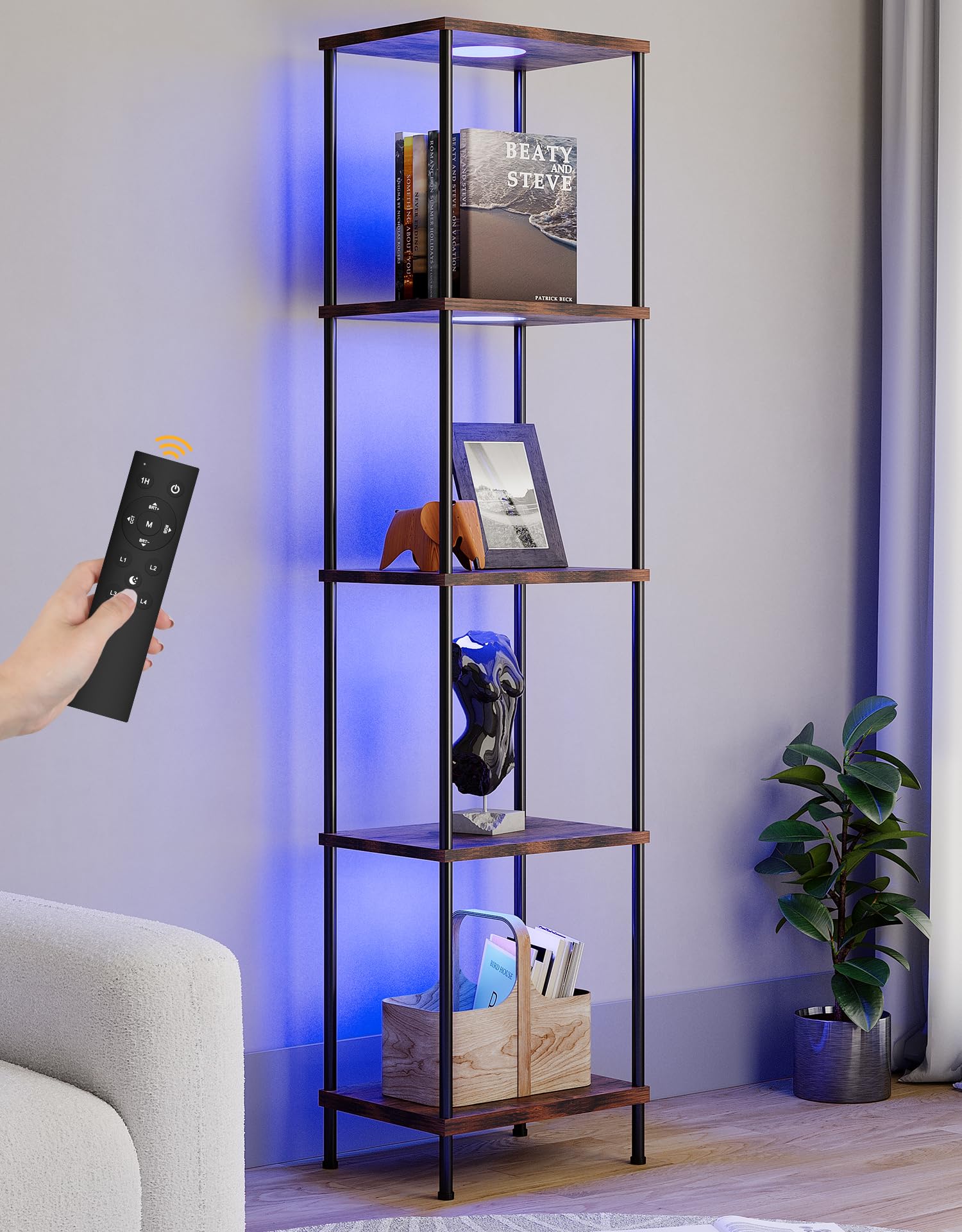 Display Shelf with RGBCW Light, Color Changing Curio Cabinet Floor Lamp with Shelves Corner Standing Column Lamp Etagere Organiz