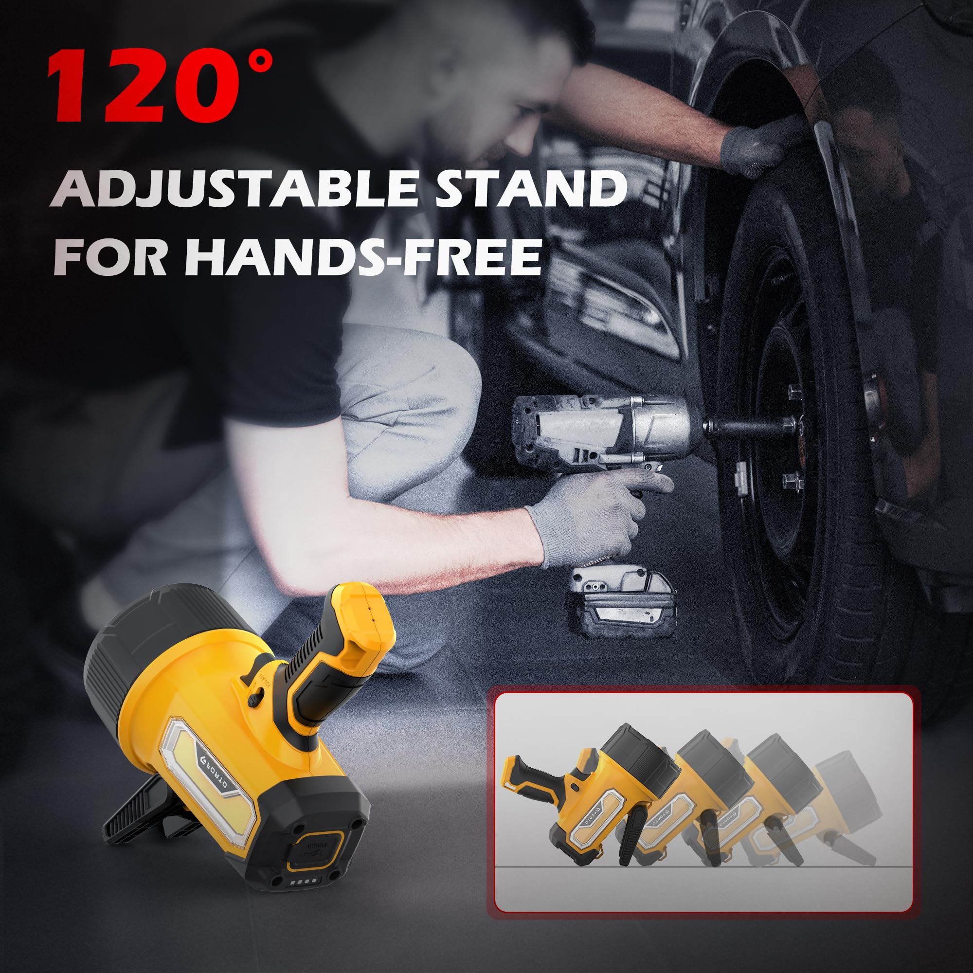 FORTO Rechargeable Spotlight Flashlight, 2000 Lumens, 6 Light Modes, IPX7 Waterproof, Handheld with Foldable Stand, Yellow, Model SP2000Y-N