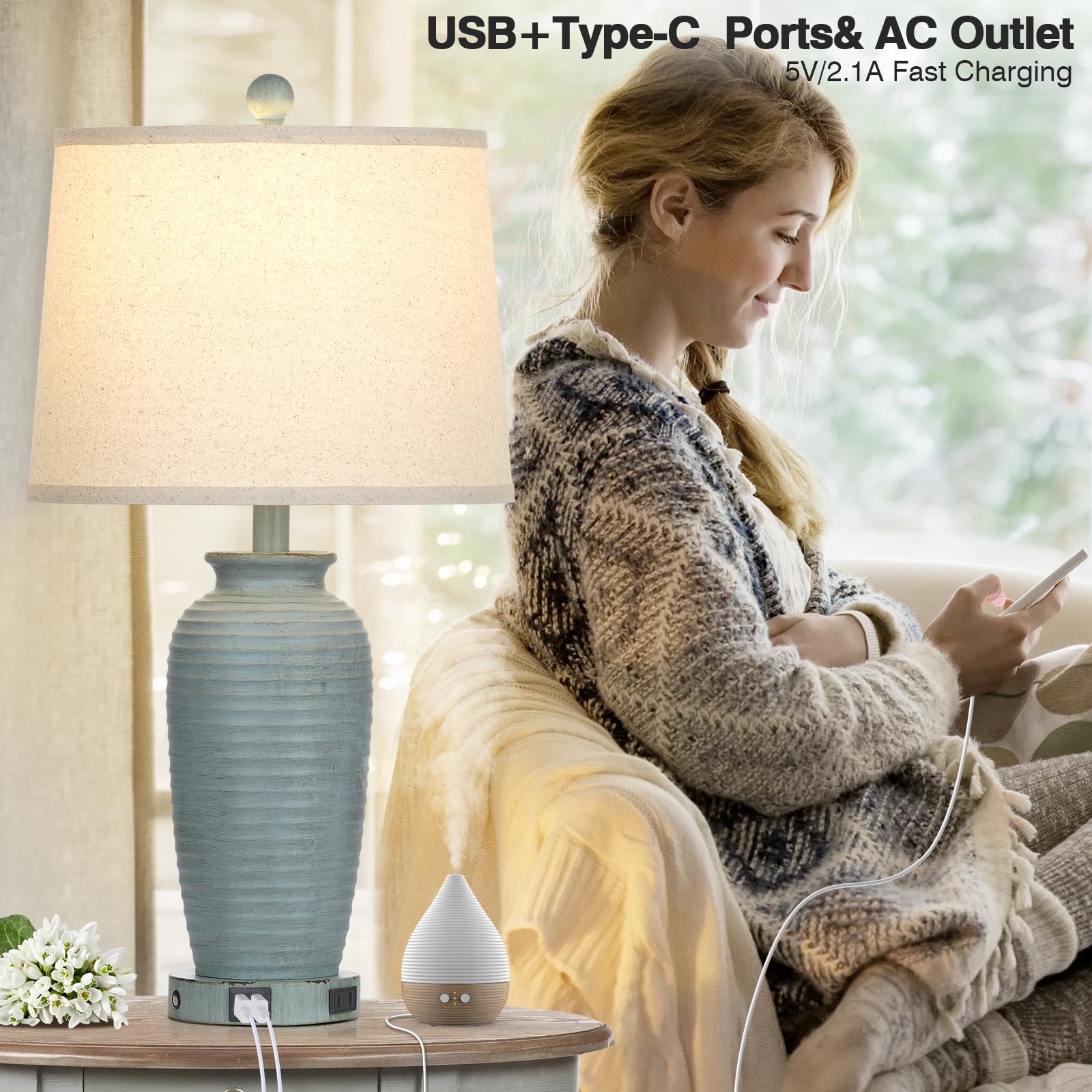 Cinsary 25&quot; Farmhouse Touch Control Table Lamps Set Of 2 With Usb & Ac Outlet, Blue