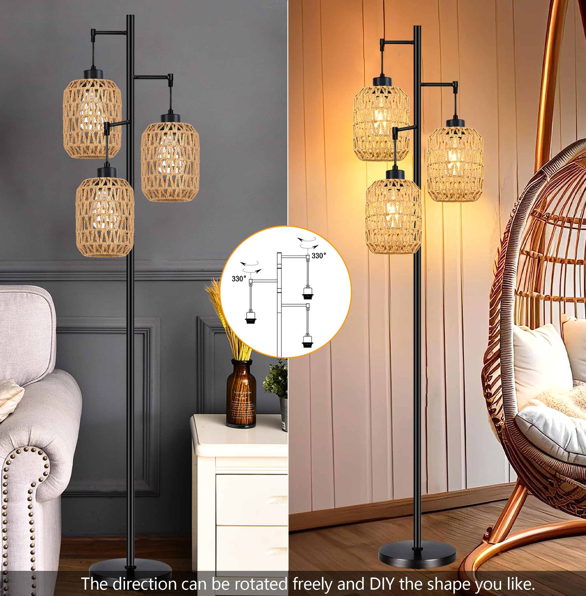 Qiyizm Floor Lamp For Living Room,Bedroom,Boho Rattan Tree 3 Lights Farmhouse Floor Lights,Industrial Black Standing Lamp Wicker
