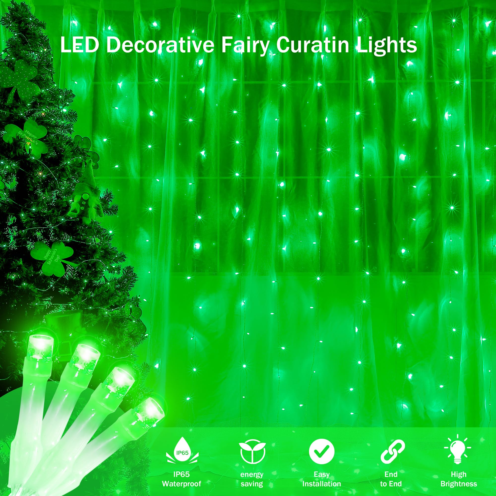 oopswow 304 LED Curtain Lights, Green Fairy String Lights with 8 Modes for Outdoor, Wedding, Christmas, Bedroom Decor, Model QX-U-O-C-304-1-G-C