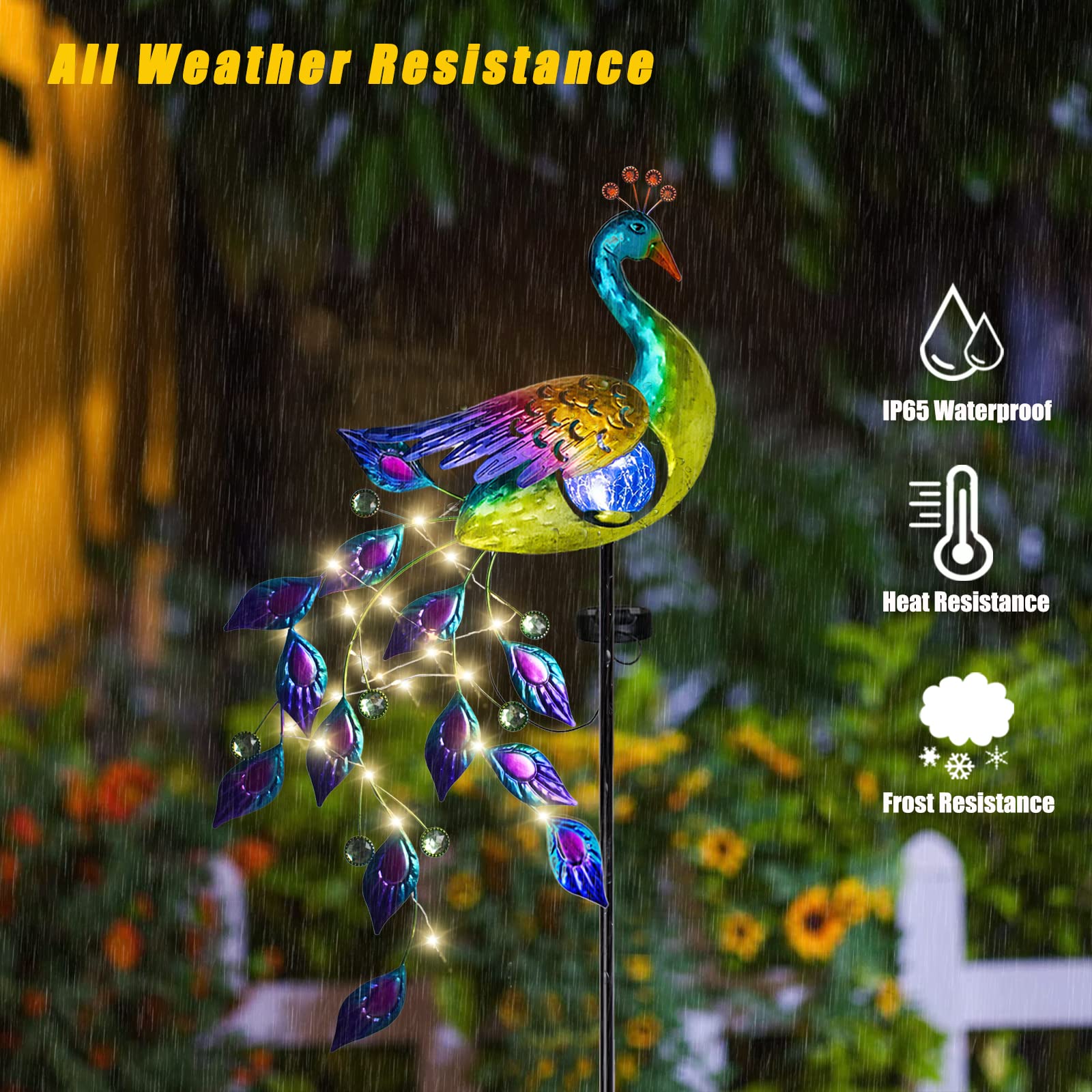 Dreamsoul Solar Garden Lights Outdoor, Metal Peacock Decor Solar Lights Garden Stakes With Led String Lights, Waterproof Crackle