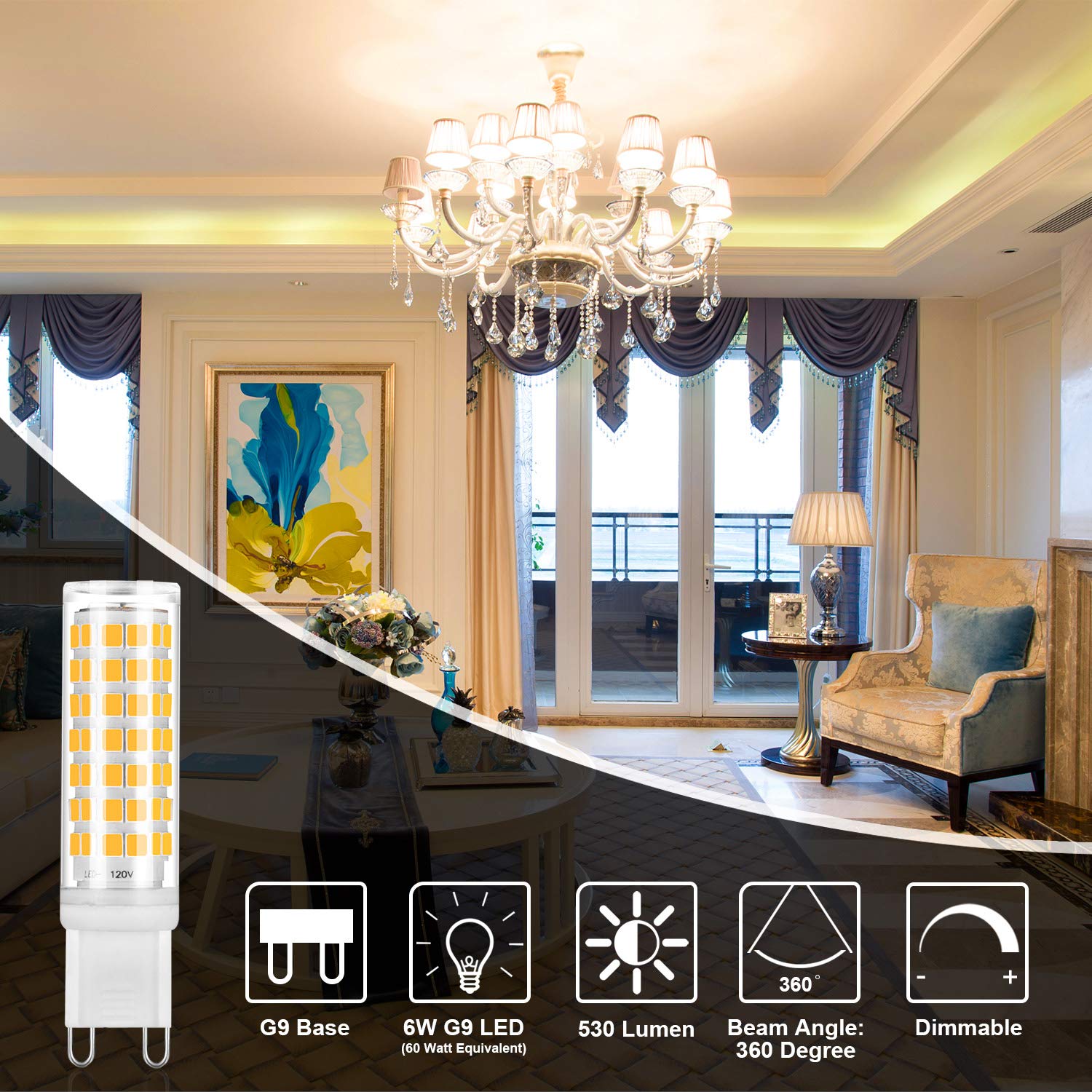 YUIIP G9 LED Bulb Dimmable 6W Warm White 3000K Ceramic Bi-pin Base, 530LM, 6 Pack