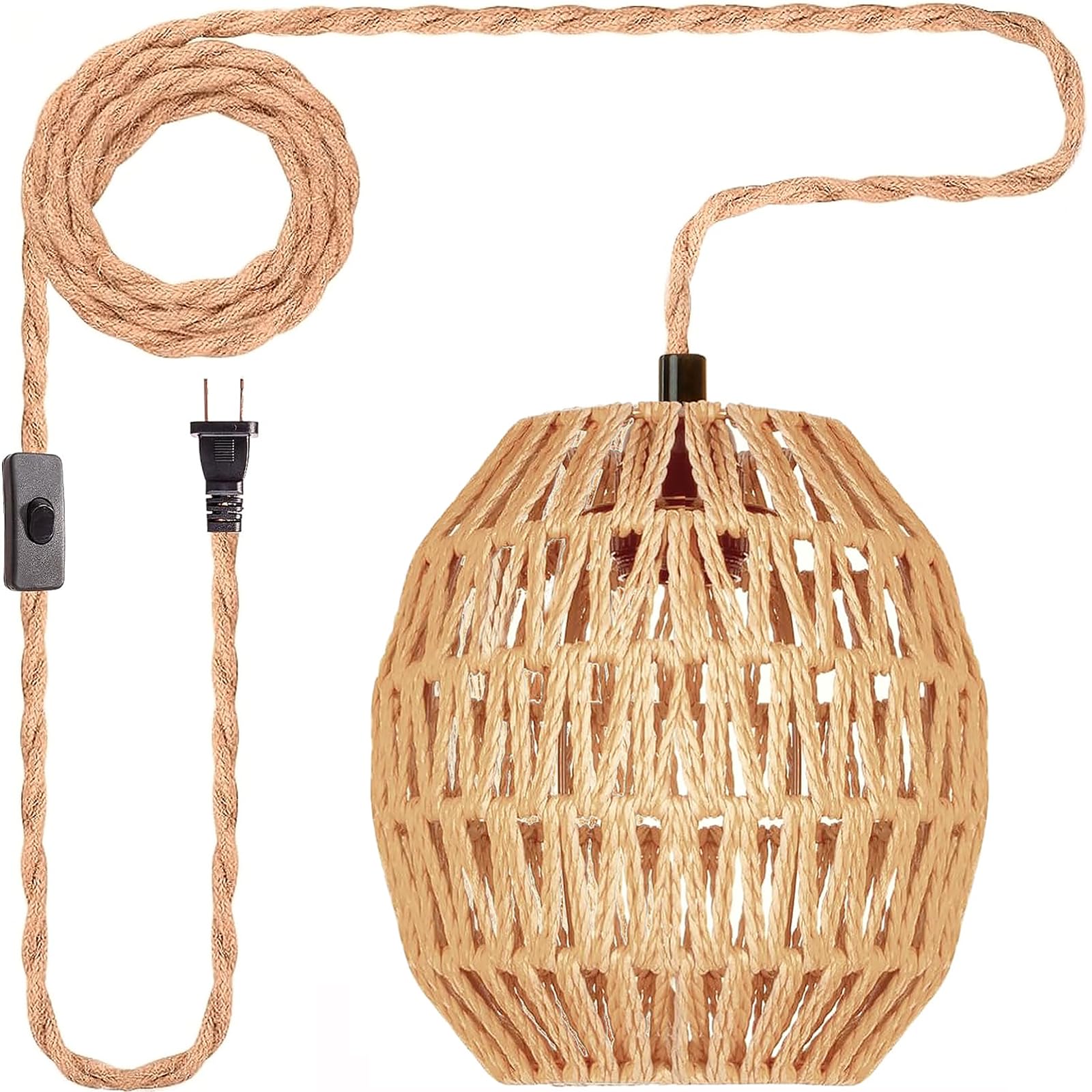 Maliralt Rattan Pendant Light, 7.3in Egg Shade, Plug-in with Cord and Switch, Brown, Model SL-TTDD-CA
