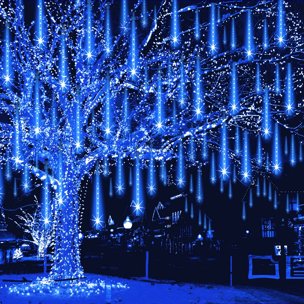 Weepong Christmas Lights Outdoor 32 Tubes 768 LEDs Meteor Shower Lights UL Certified Snow Falling Rain Drop Icicle String Light for Xmas Tree Halloween Decorations Wedding Party Garden Decor  Blue