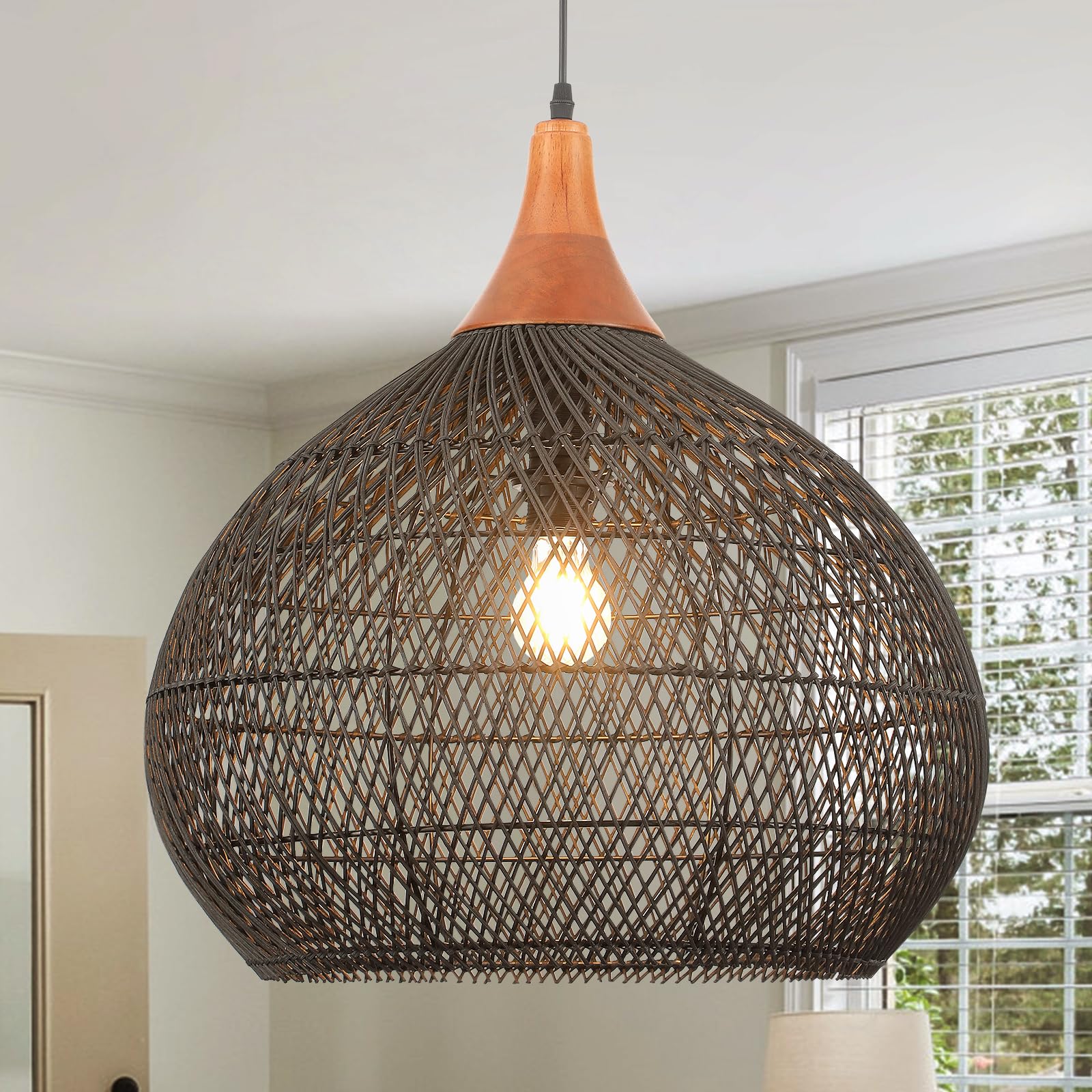 Karjearl Large Black Rattan Pendant Light, 20 Rattan Chandelier Hand-Woven Wicker Pendant Light Fixtures with Solid Wood, Basket