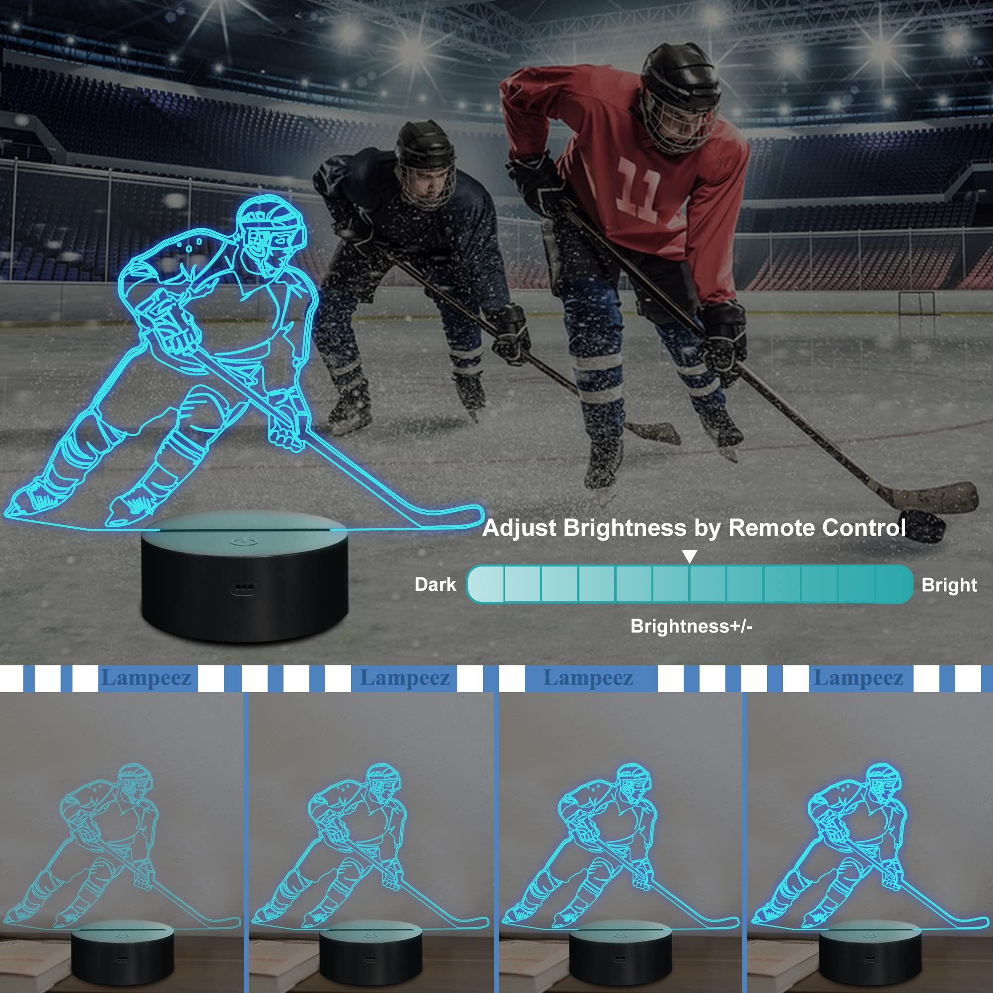 Lampeez Ice Hockey Player 3D Night Lights For Kids Led 16 Colors Remote Control Changing Touch Dimmable Table Desk Lamp Birthday