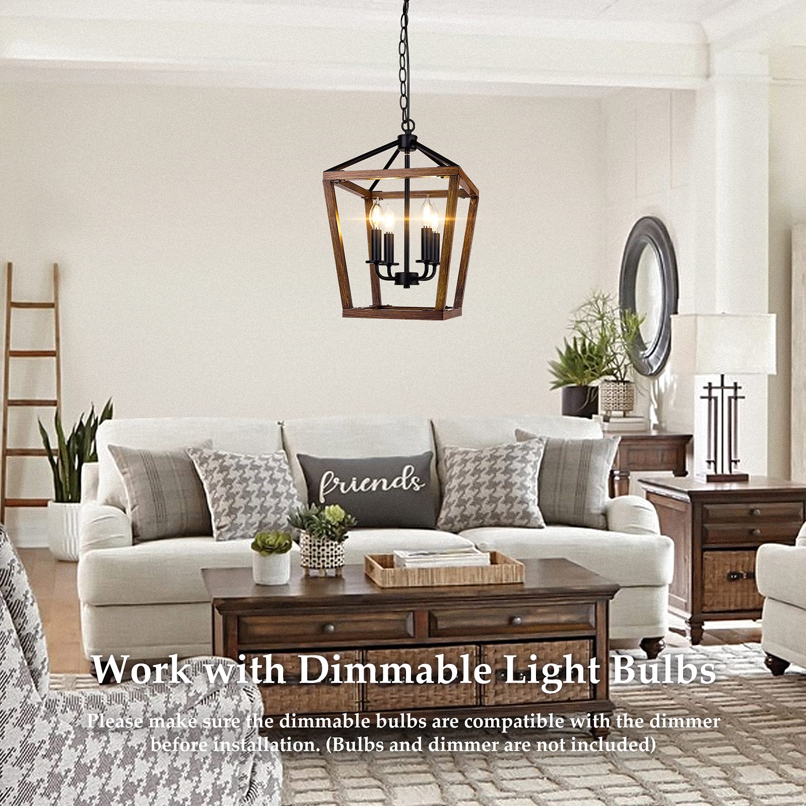 BrightHome Farmhouse Chandelier, 4-Light Pendant Ceiling Light, Height Adjustable, Wood Finish, Metal, Model D3560-04-WDBK