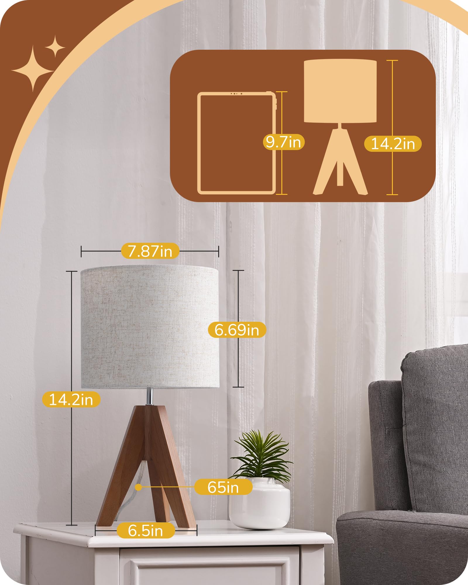 Edishine Small Table Lamp, Wooden Tripod Bedside Lamp With Linen Fabric Lampshade, 14.2'' Nightstand Lamp For Bedroom, Living Ro