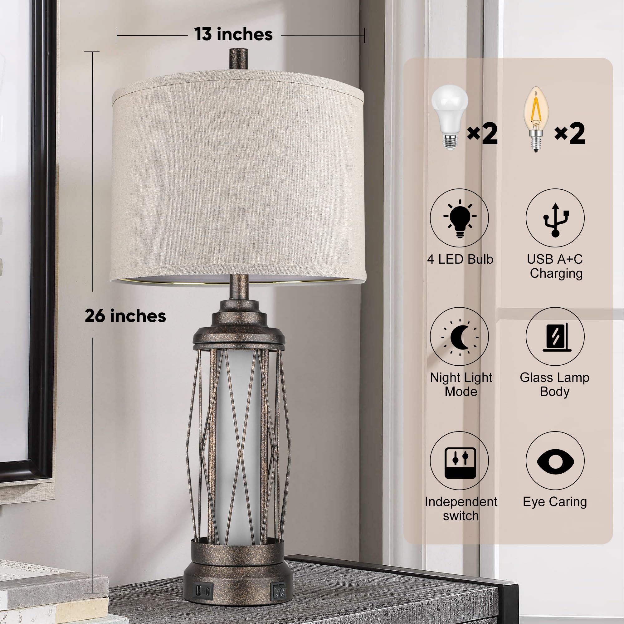 QiMH Rustic Farmhouse Table Lamp with USB Charging Ports, Frosted Glass, Bronze - Model STR-DL-SW04, 4 Bulbs Included