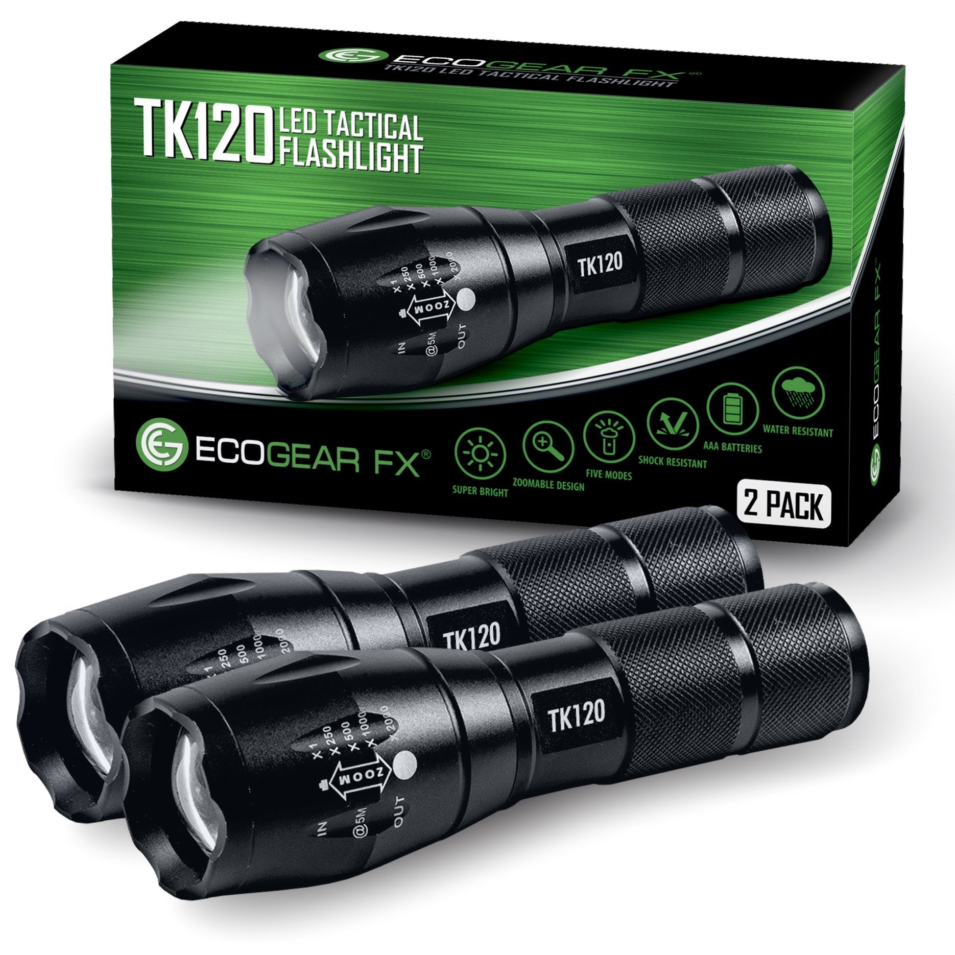 EcoGear FX LED Flashlights - 5 Light Modes, Zoomable Beam - Black - Model TK120-2PK - 2 Pack