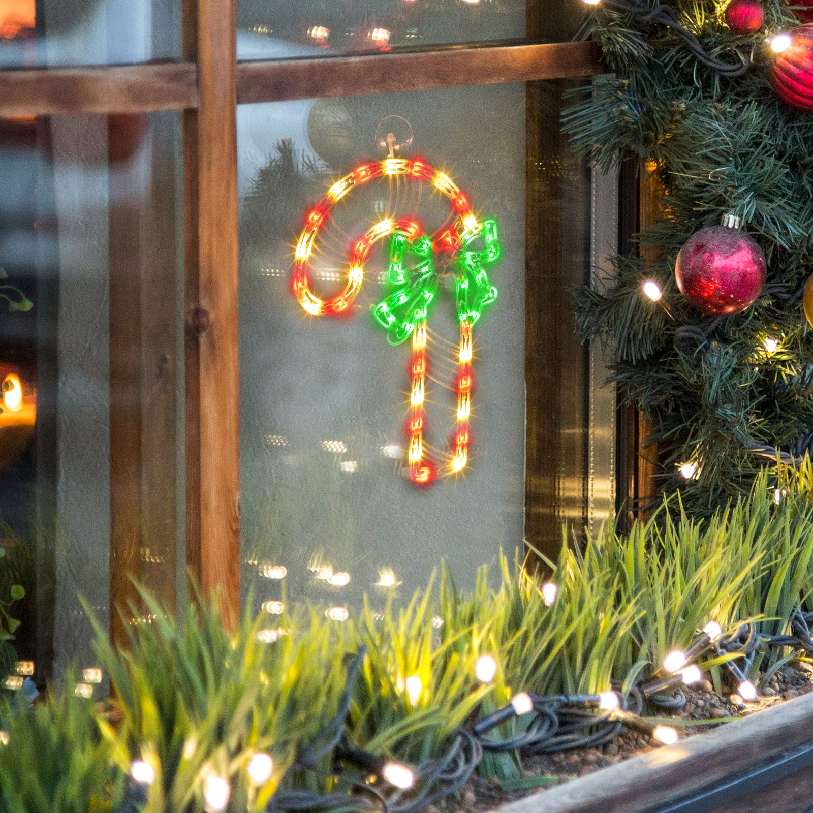 Justpro Christmas Window Silhouette Lights, Lighted Candy Cane Double Sided Decorations With 50 Count Incandescent Mini Light, For Holiday Indoor Wall Door Glass Decor