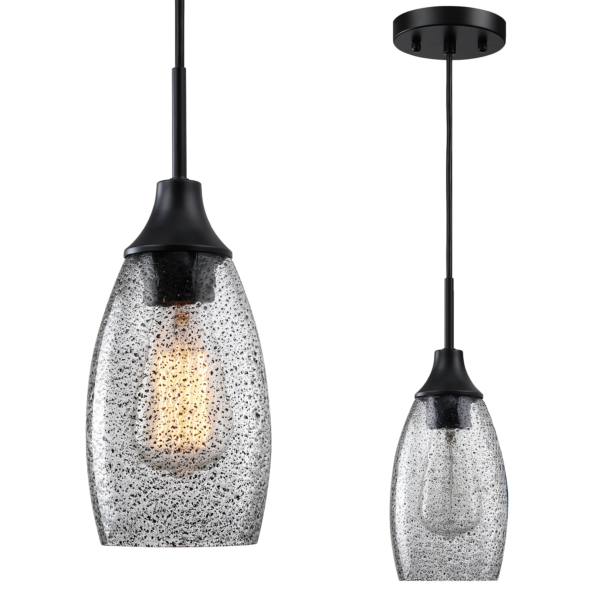 Viinew Mini Glass Pendant Light, 1-Light Adjustable Cord, Black Seeded Glass Shade For Kitchen