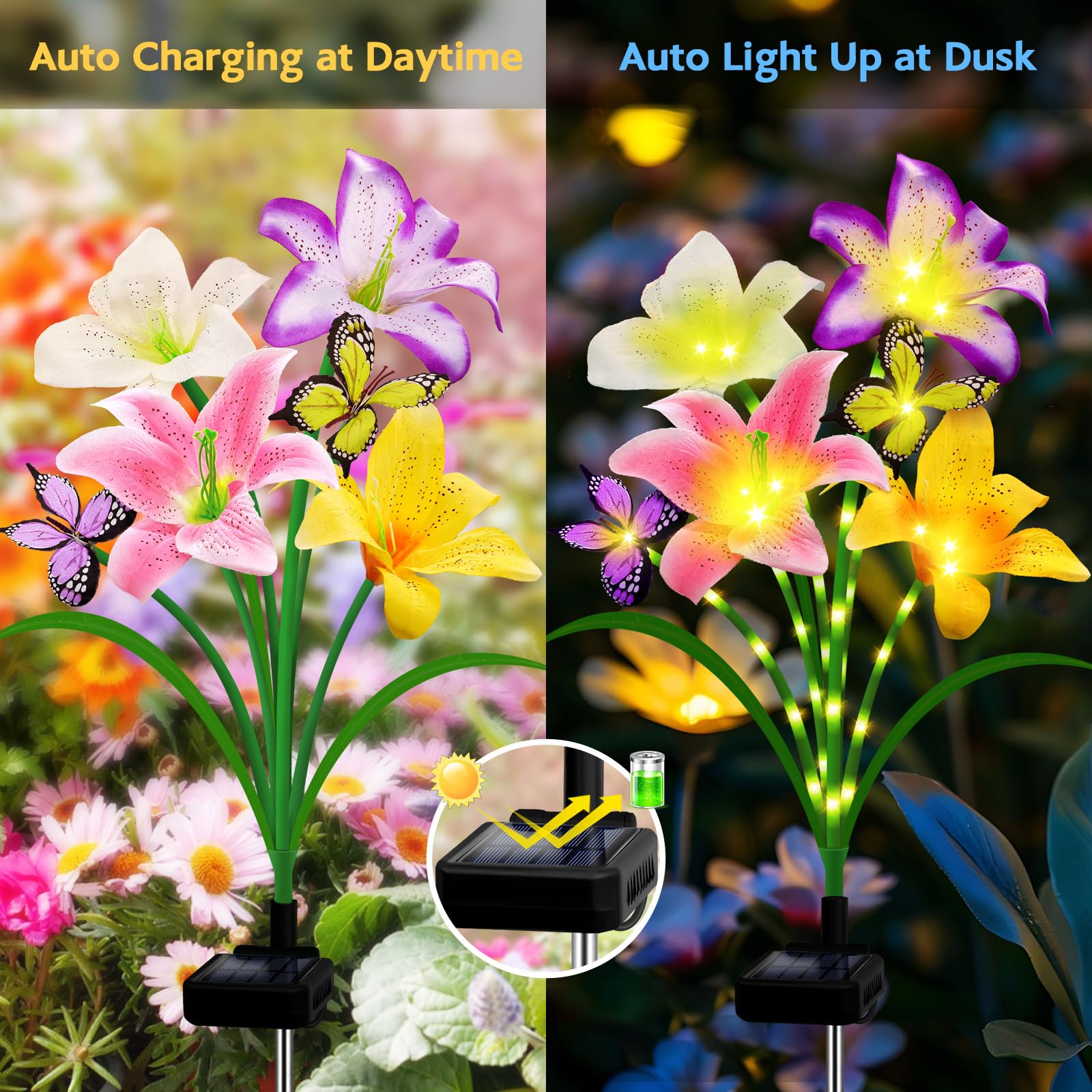 Angmln Solar Garden Lights 4 Pack 16 Lily Flowers With Butterfly Decor, Waterproof Solar Flower Lights For Outside,Cemetery Flow