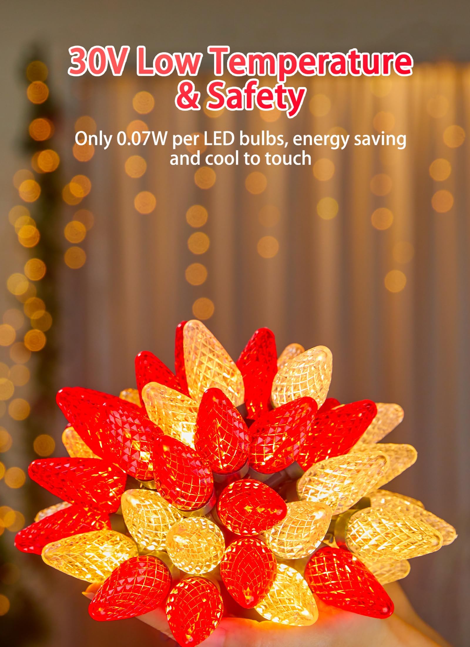 Minetom C9 LED Christmas String Lights - 82ft, 100 LEDs, Red and Warm White, 2 Pack, with Timer and 8 Lighting Modes