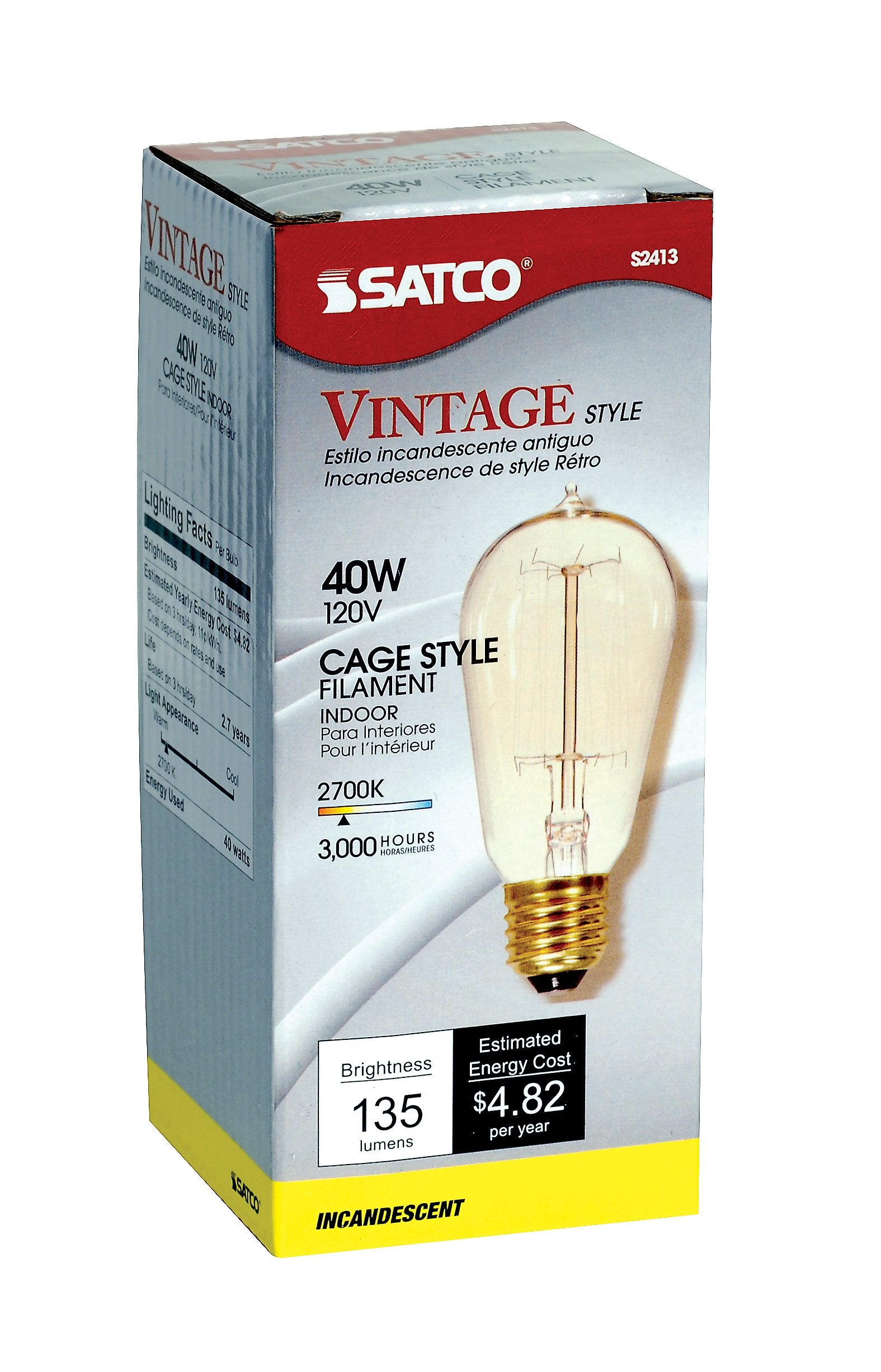 Satco S2413 ST19 40W Incandescent Light Bulb, Dimmable, Medium Base, Soft White 2700K, Vintage Cage Coil Design