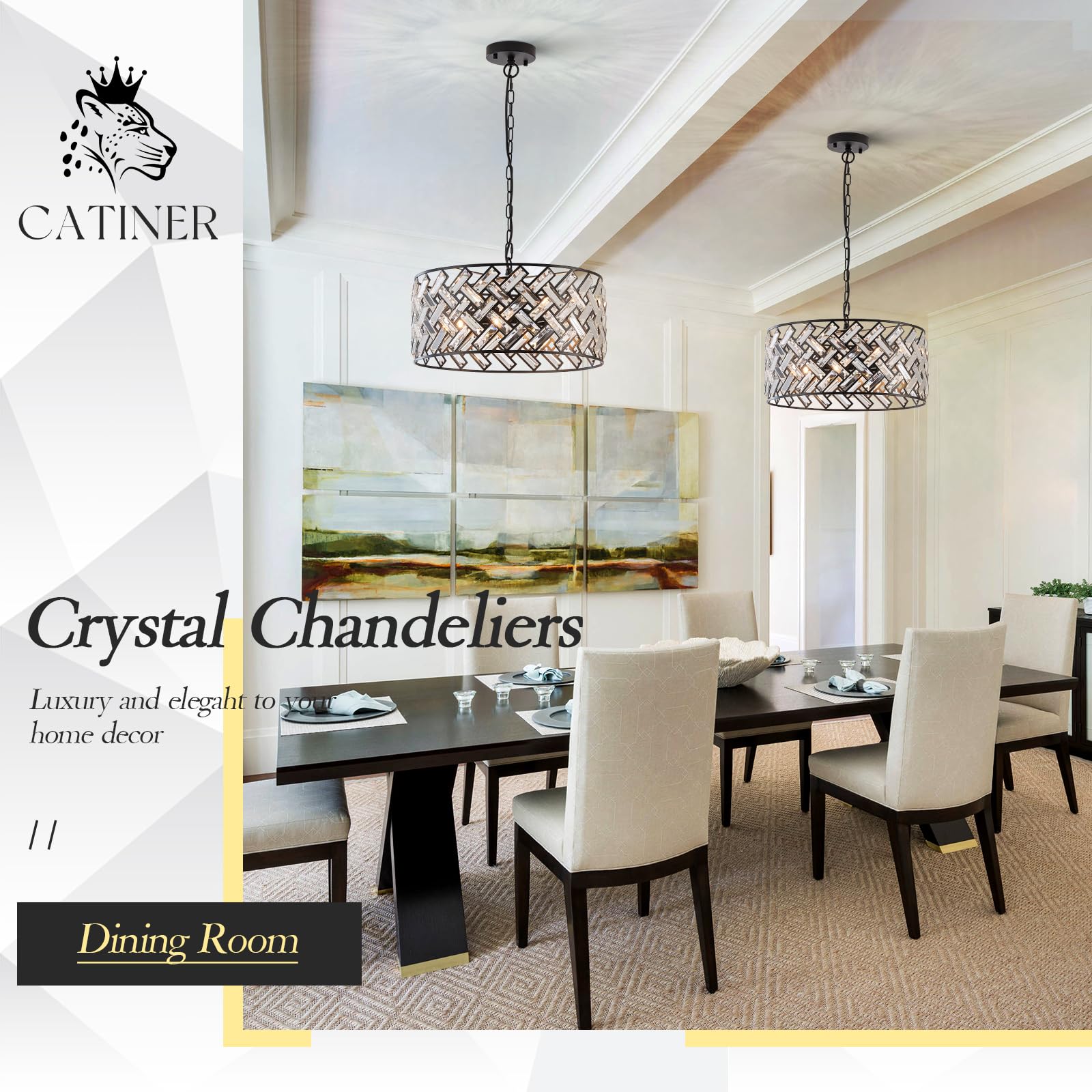 CATINER Black Modern 18" Crystal Chandelier, 6-Light Semi Flush Mount, Metal Drum Shade for Kitchen, Dining Room, Bedroom, Hallway