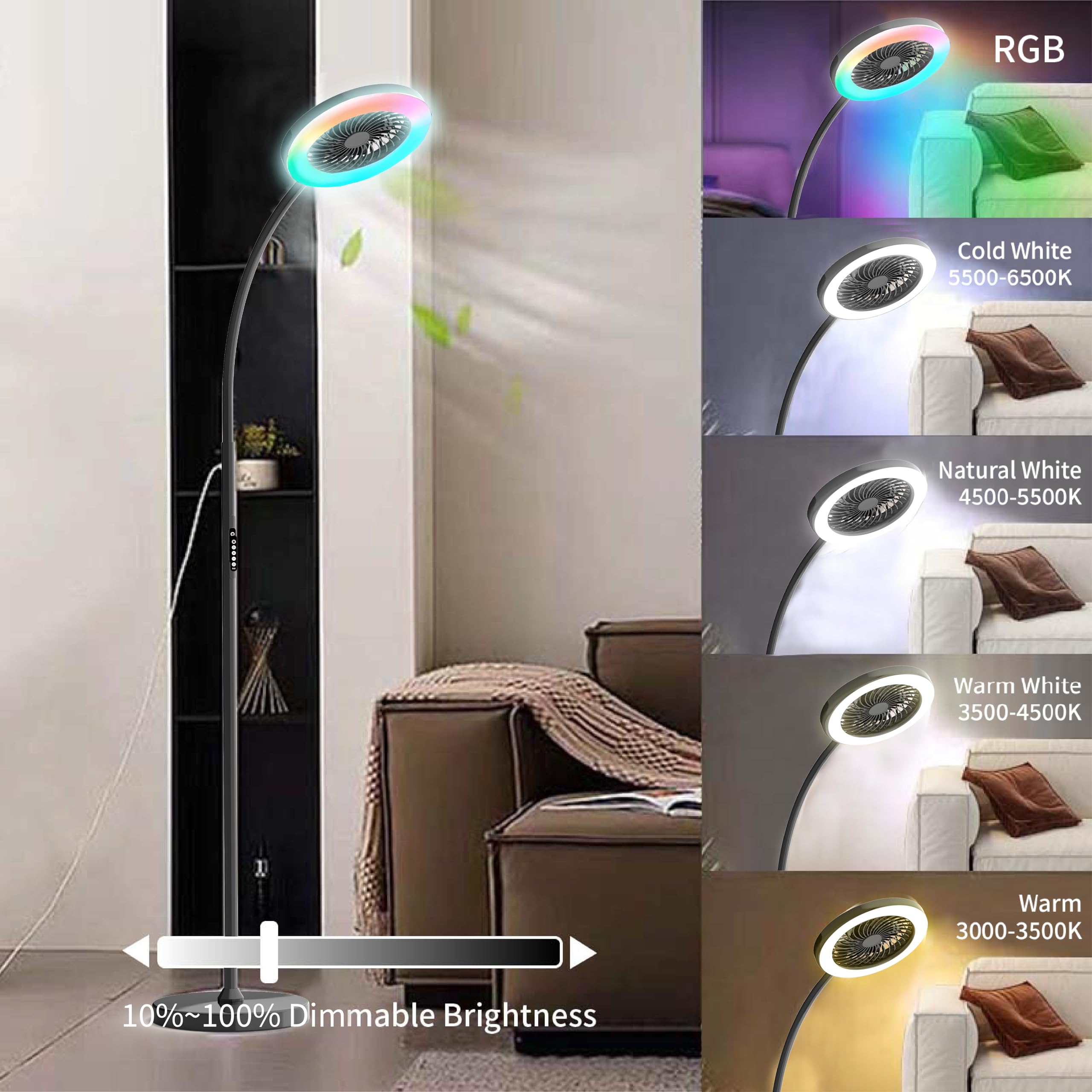 ONIDEK Pedestal Fan & Floor Lamp, RGB 18W/1500lm, 3-Speed, Adjustable 3000K-6000K, Remote Control, Black, Model LDFS