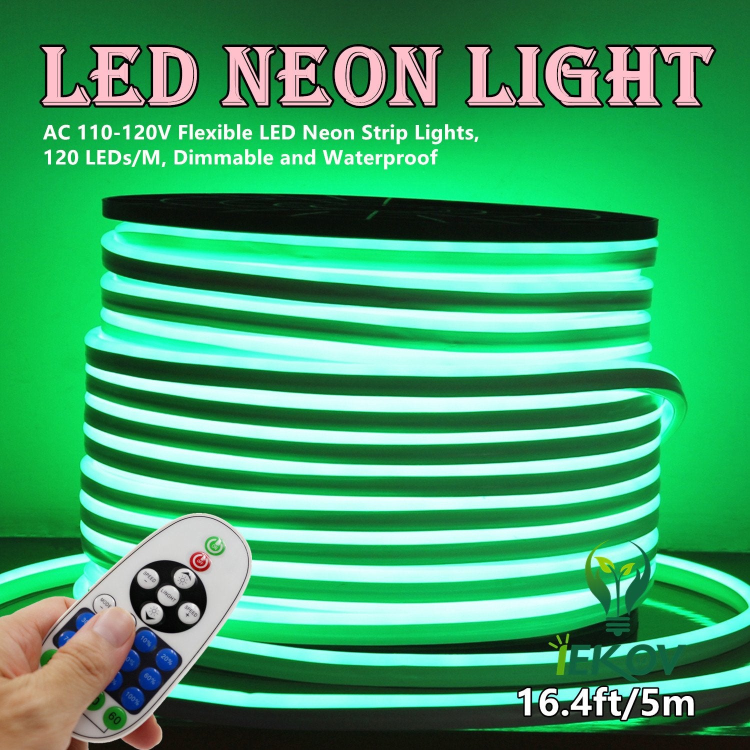 IEKOV LED Neon Light, Flexible 5m/16.4ft Waterproof Strip, 120 LEDs/M, Green, Model NEON LIGHT-G-5M