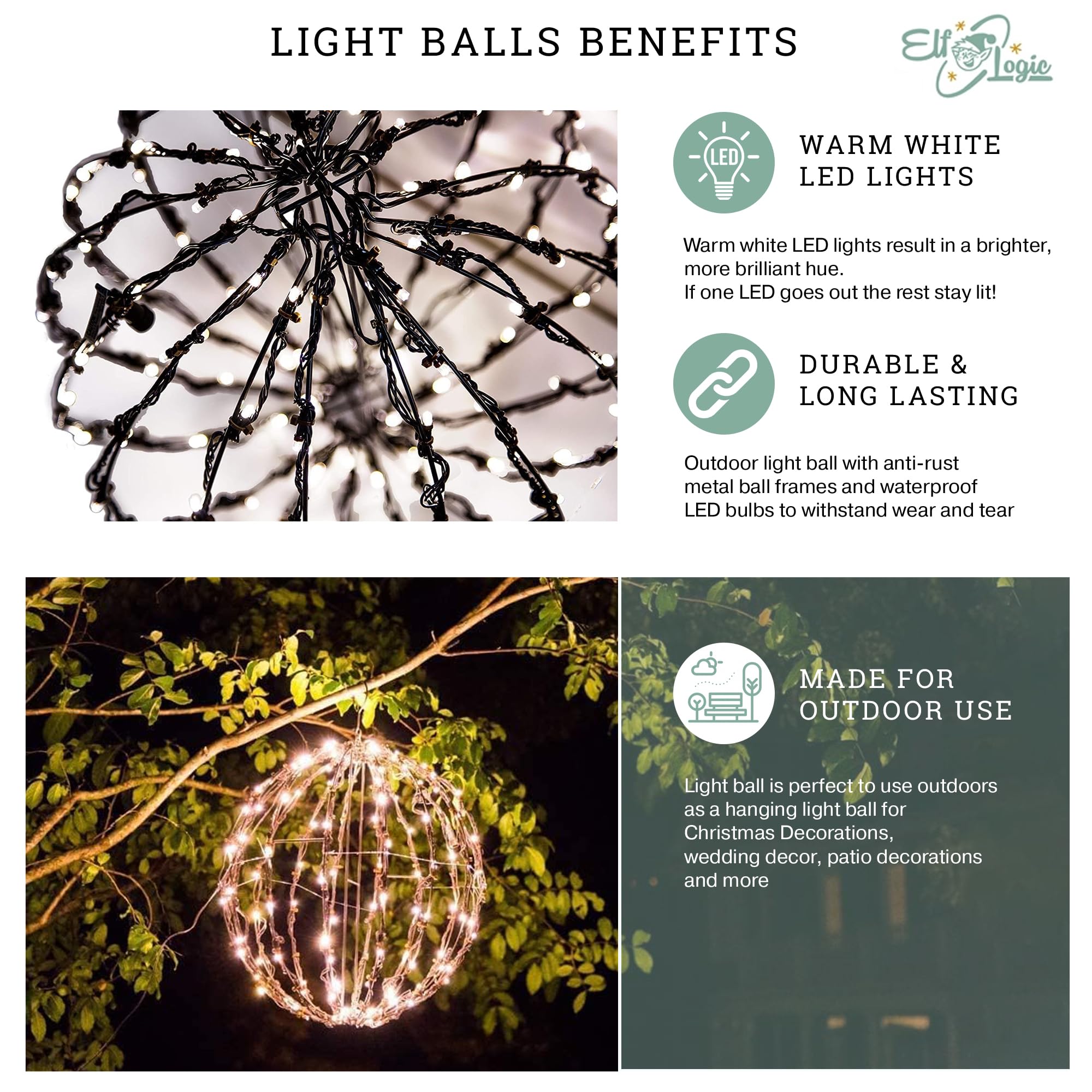 Elf Logic LED Christmas Light Balls - 16” Waterproof, Durable, Warm Lights - 3 Pack