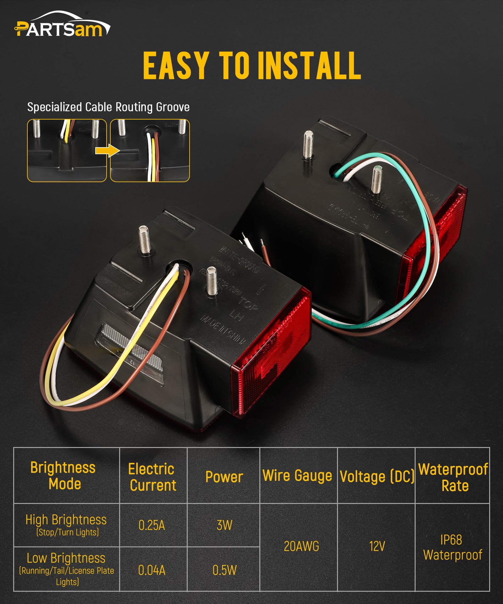 Partsam 12V Submersible Square Led Trailer Lights, Red White Led Stop Turn Tail License Side Marker Running Light Lamp For Trail
