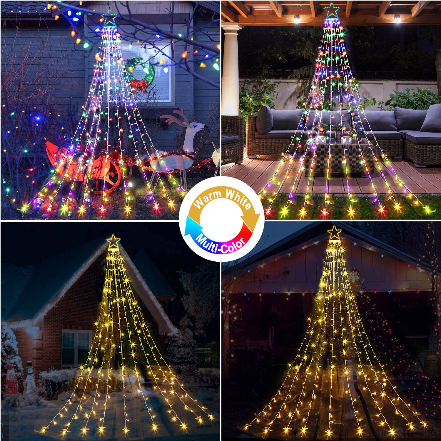 Cerflyer 320 Led Christmas String Lights, 11.5 Ft Waterfall With Star Topper, 8 Light Modes