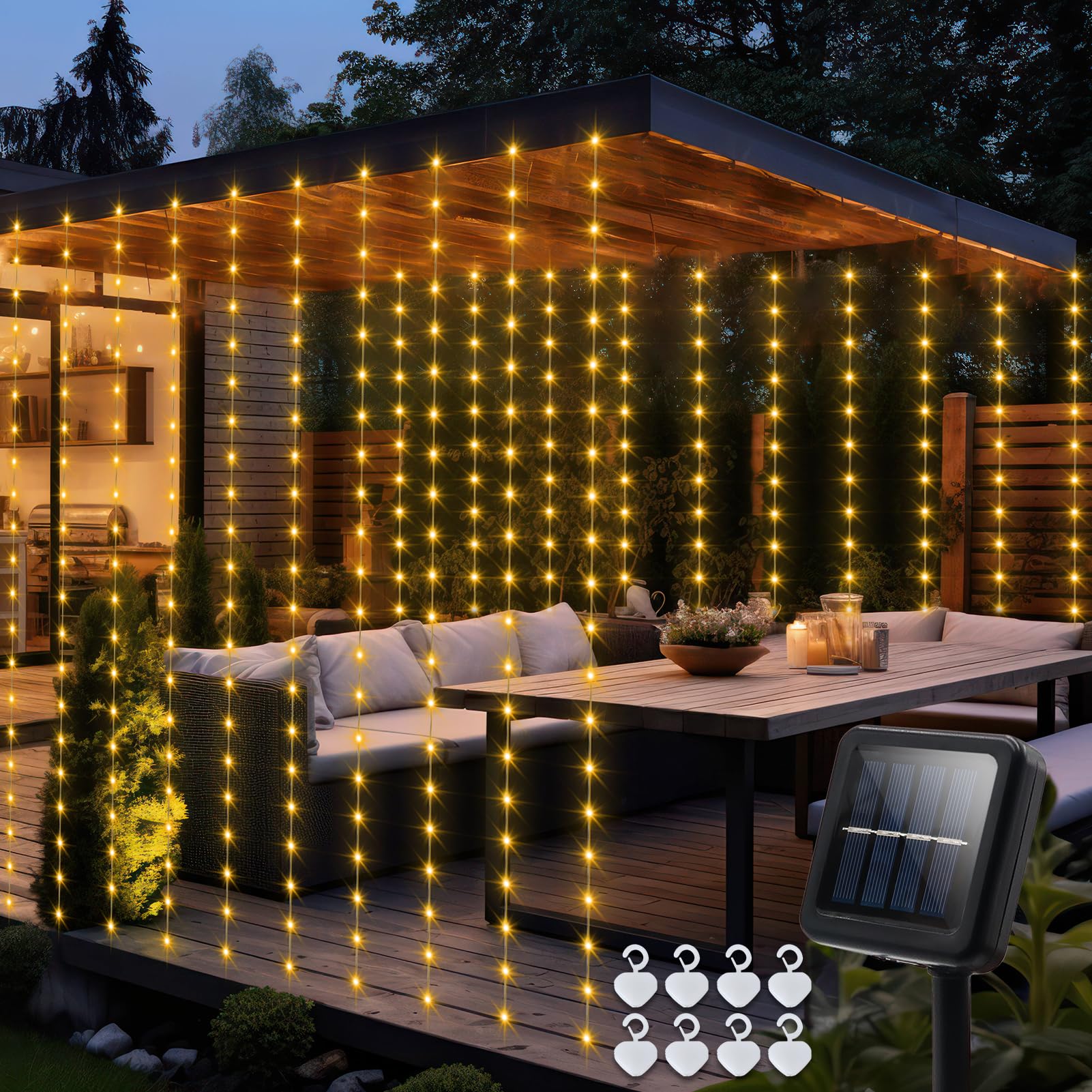echosari Solar Curtain Lights 144 LED Waterproof 7.9ft x 6ft Warm White with Timer 8 Modes for Outdoor Decor