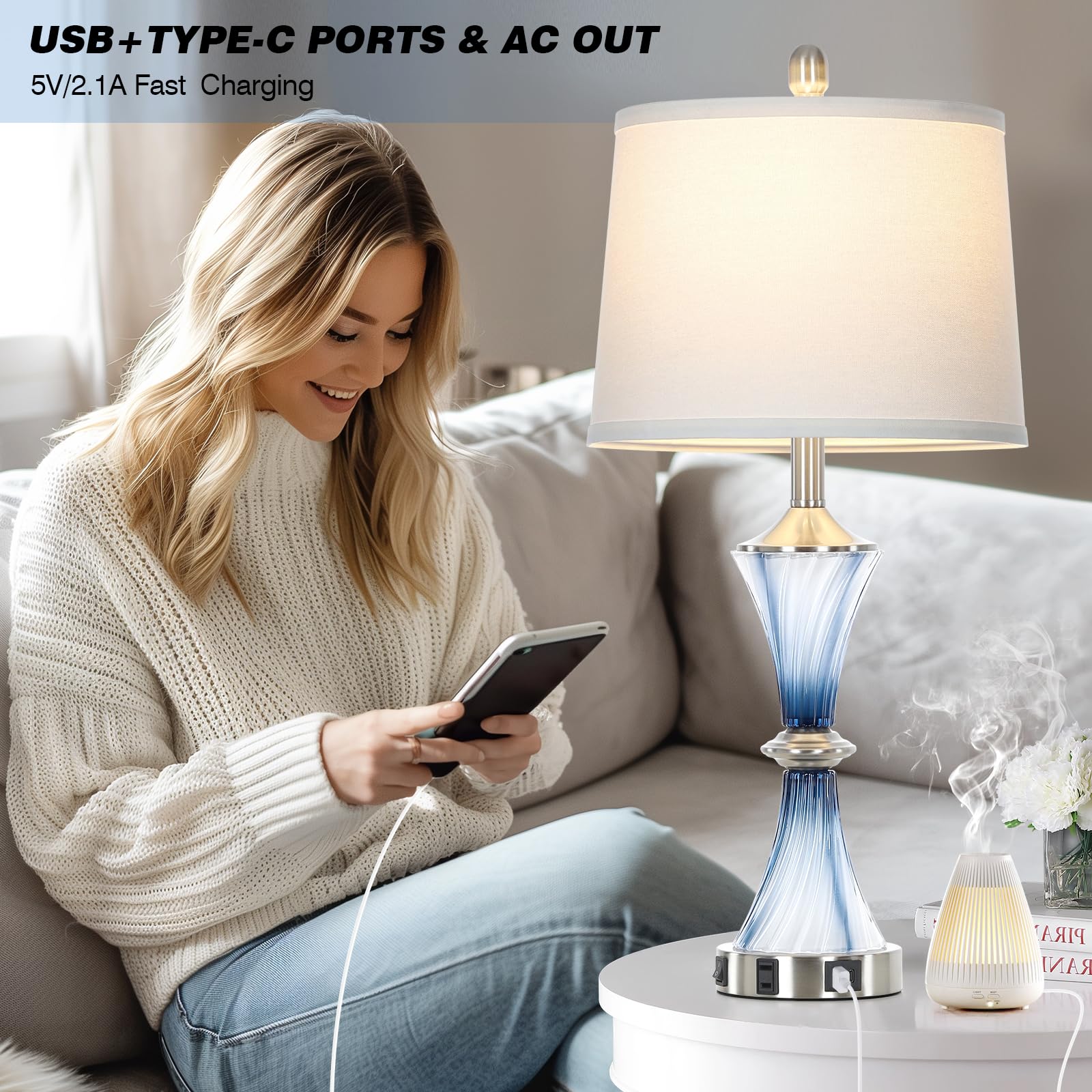 Rinweey Blue Glass Table Lamp With Usb C+A Ports & Ac Outlet,Coastal Bedside Lamp For Night Stands Bedroom Living Room,Nightstan