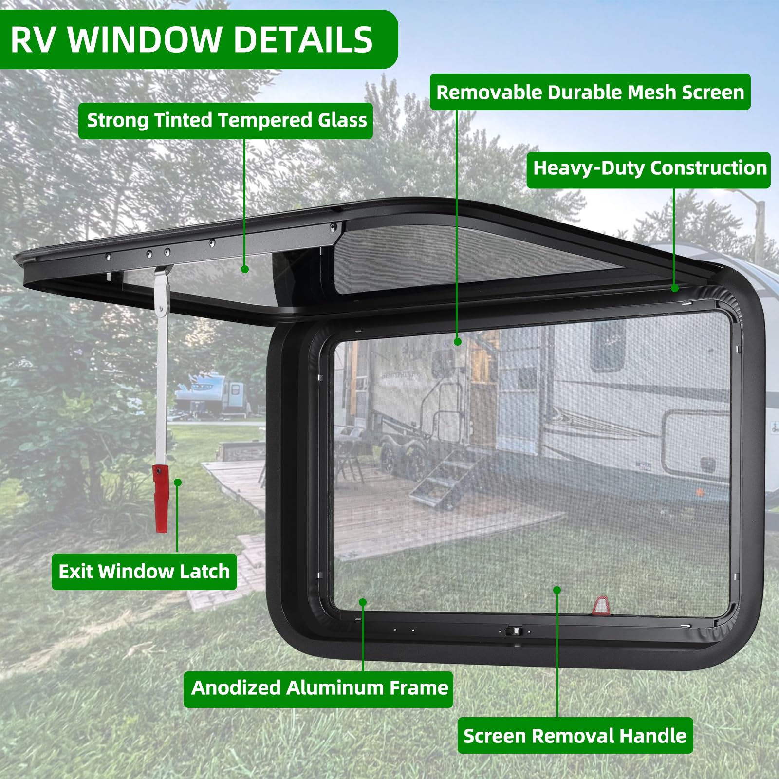 NOVINO RV Exit Window, 36"W x 22"H, Tempered Glass, Black, Model NRW-009, DOT Approved, Emergency Replacement for Camper & Cargo Trailers